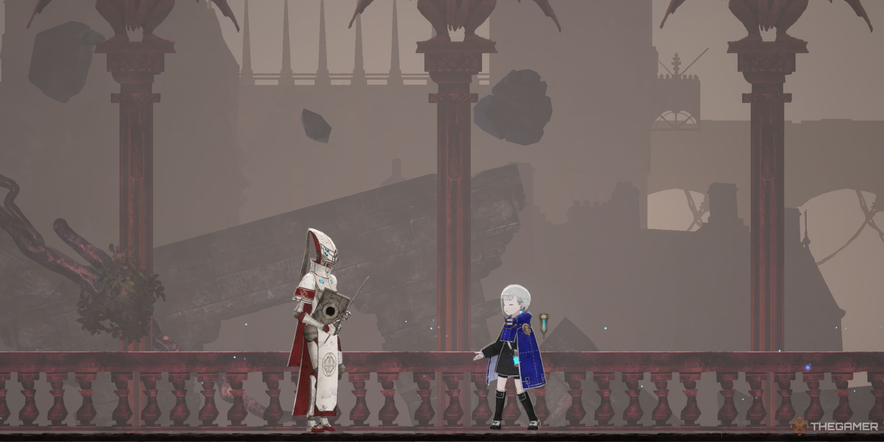 Lilac with her eyes closed is standing in front of Professor Eliza. 