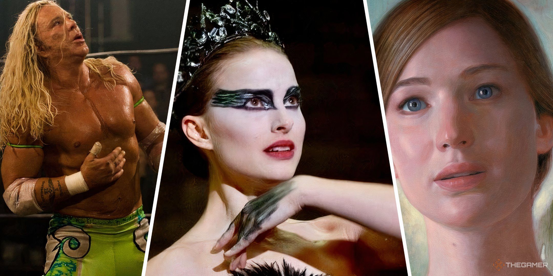 Every Darren Aronofsky Movie Ranked Feature Image with Mickey Rourke in The Wrestler, Natalie Portman in Black Swan, and Jennifer Lawrence in Mother!