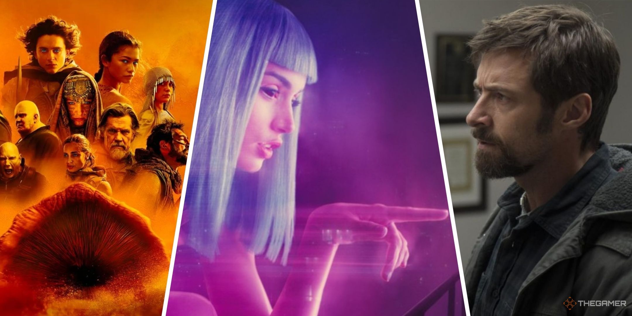 Every Denis Villeneuve Movie Ranked Feature Image with the main cast of Dune Part 2, Ana de Armas in Blade Runner 2049, and Hugh Jackman in Prisoners.