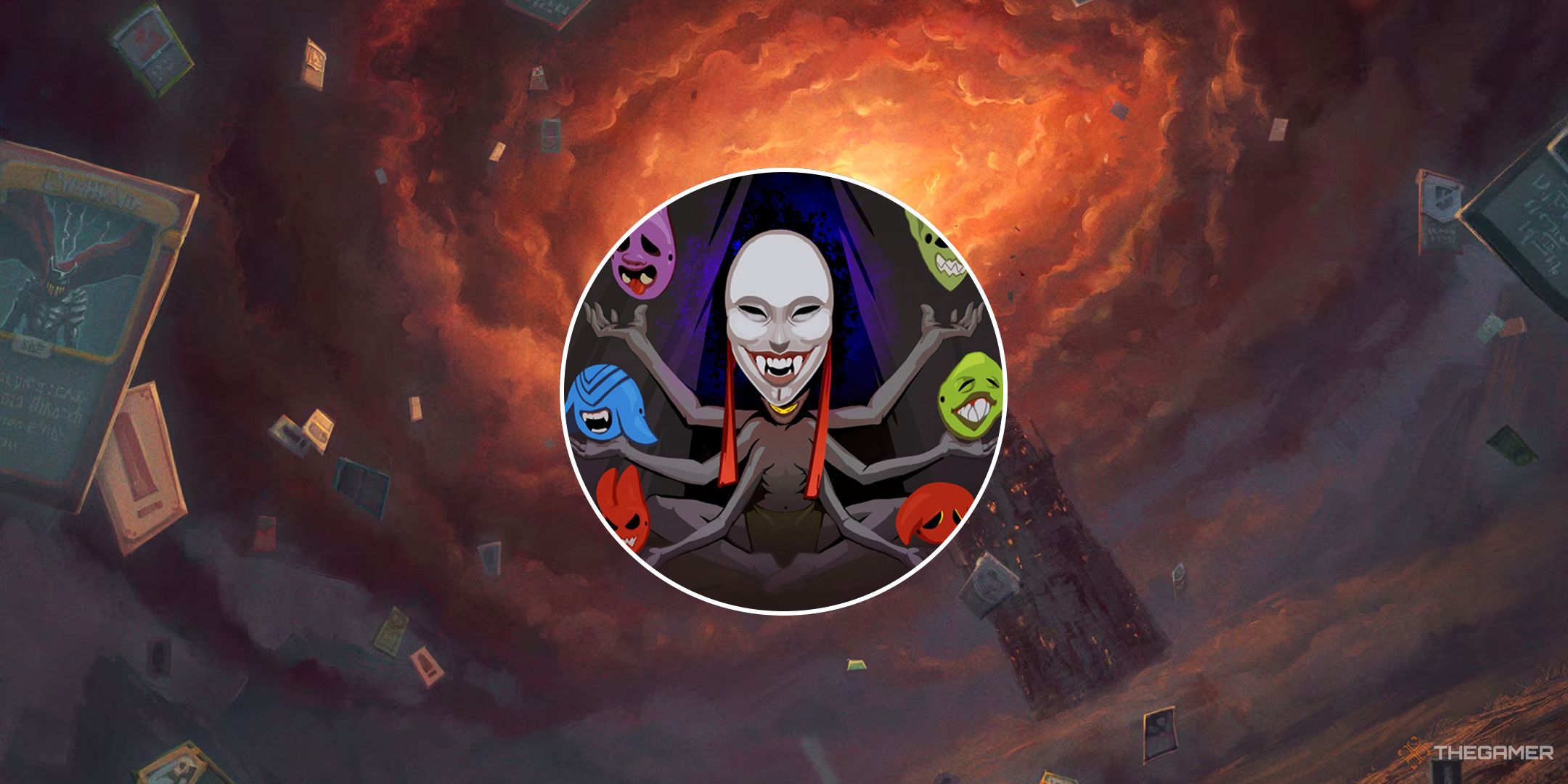 The Face Trader circled in front of a background of the Slay the Spire main title art.