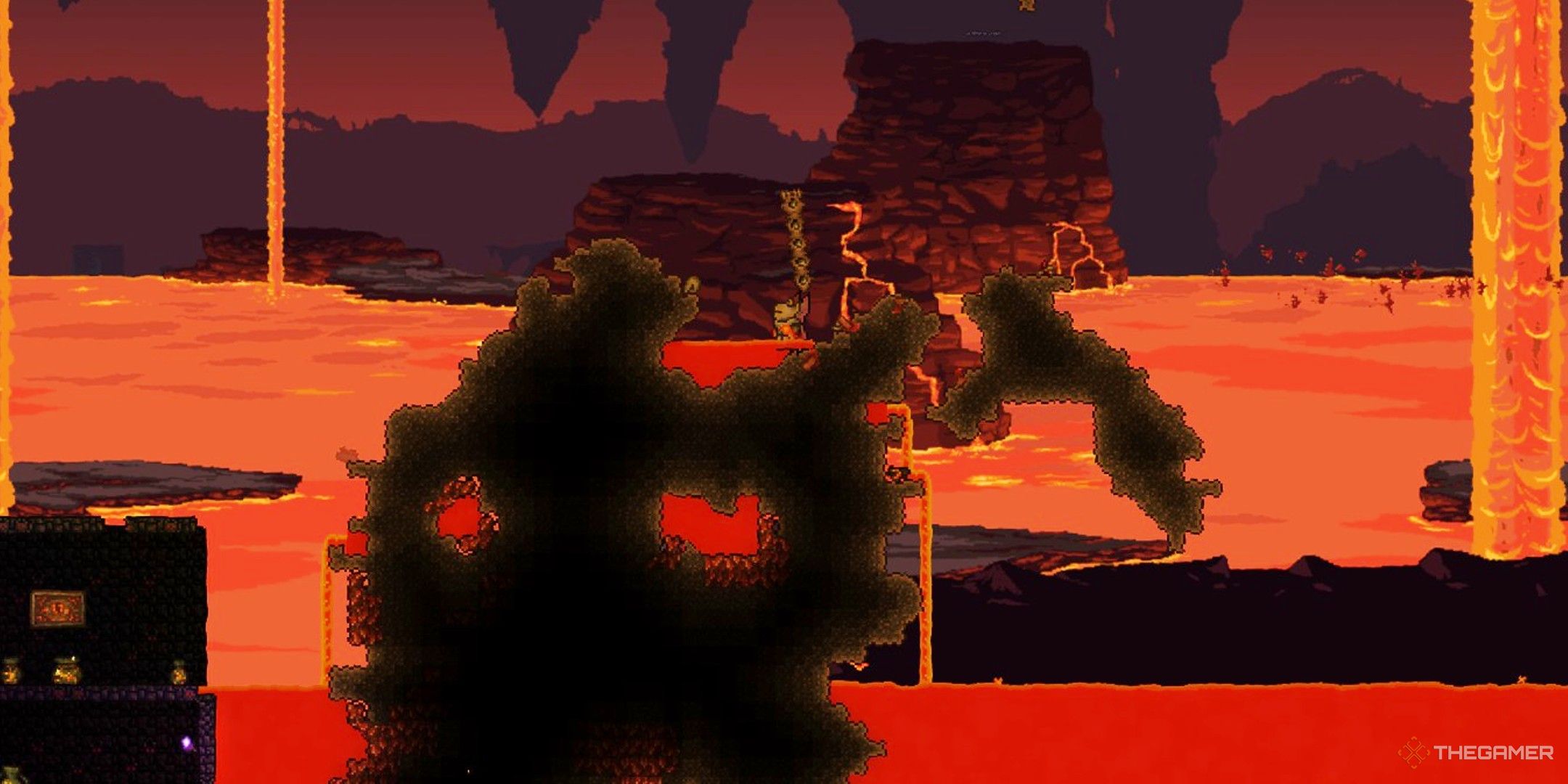 Player character using an Obsidian Skin Potion to stand in a pool of lava in the Underworld in Terraria.