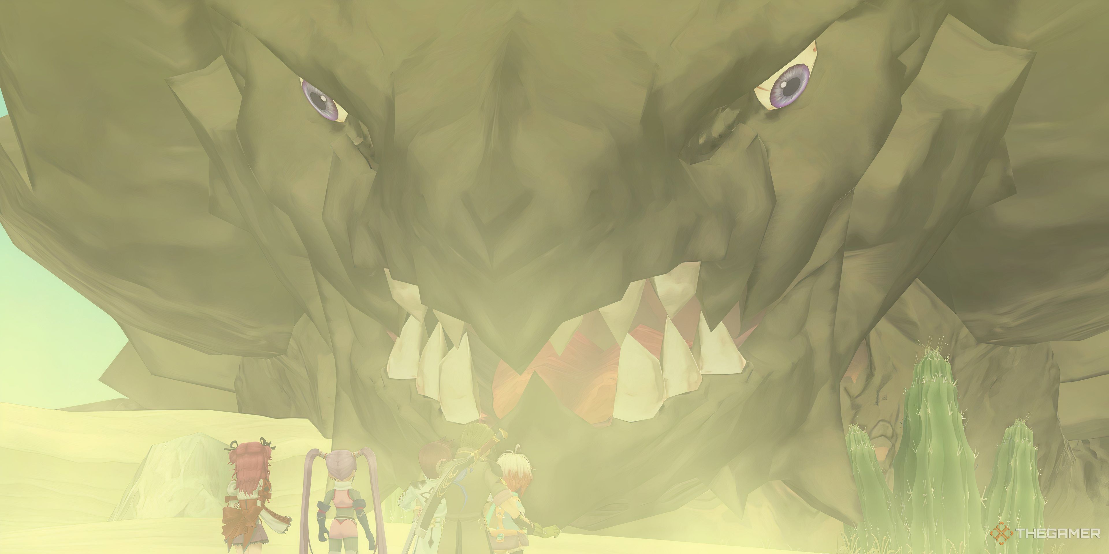 Asbel, Cheria, Sophie, Malik, and Pascal encountering the massive Rockagong in Strahta.