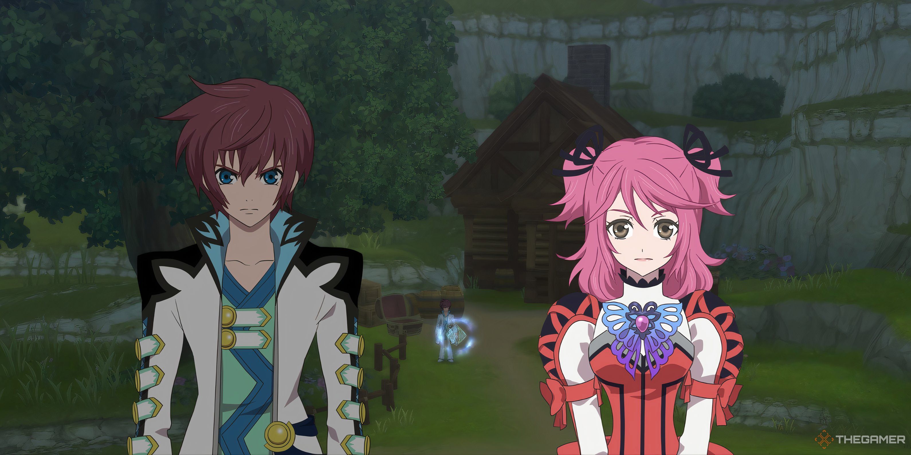 Asbel and Cheria against a darker background while having an conversation in Tales Of Graces F Remastered.