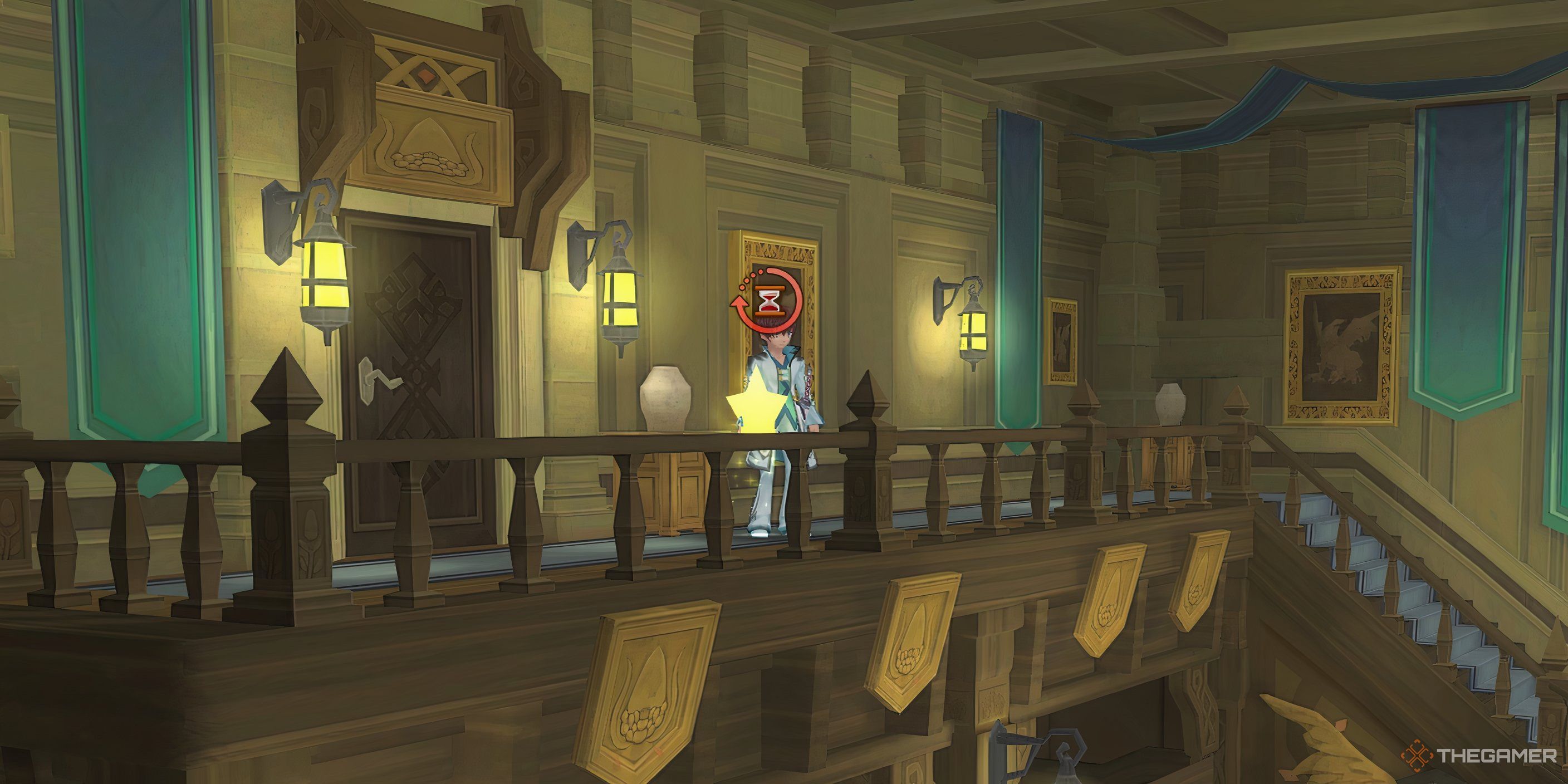 Asbal Lant is standing outside a room in Manor with an hour glass and a star event that is located in the stories of Graceis F Ramsterd outside them.