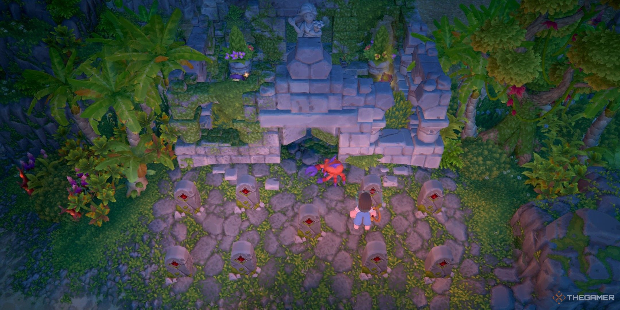 Player character and their Luma standing by the Jungle Shrine as its doors open in Luma Island.