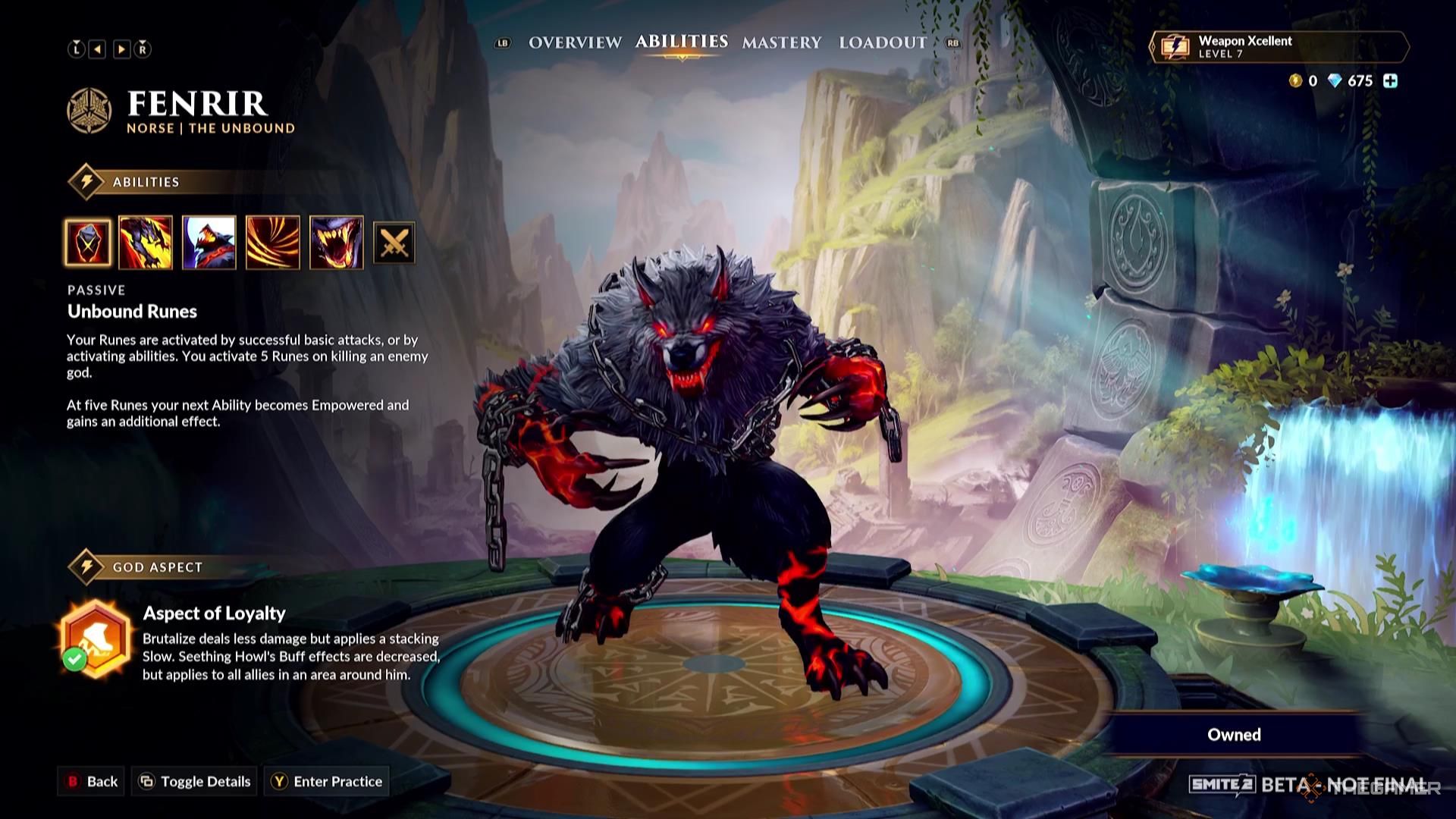 Fenrir&rsquo;s God Aspect in their ability screen of Smite 2.
