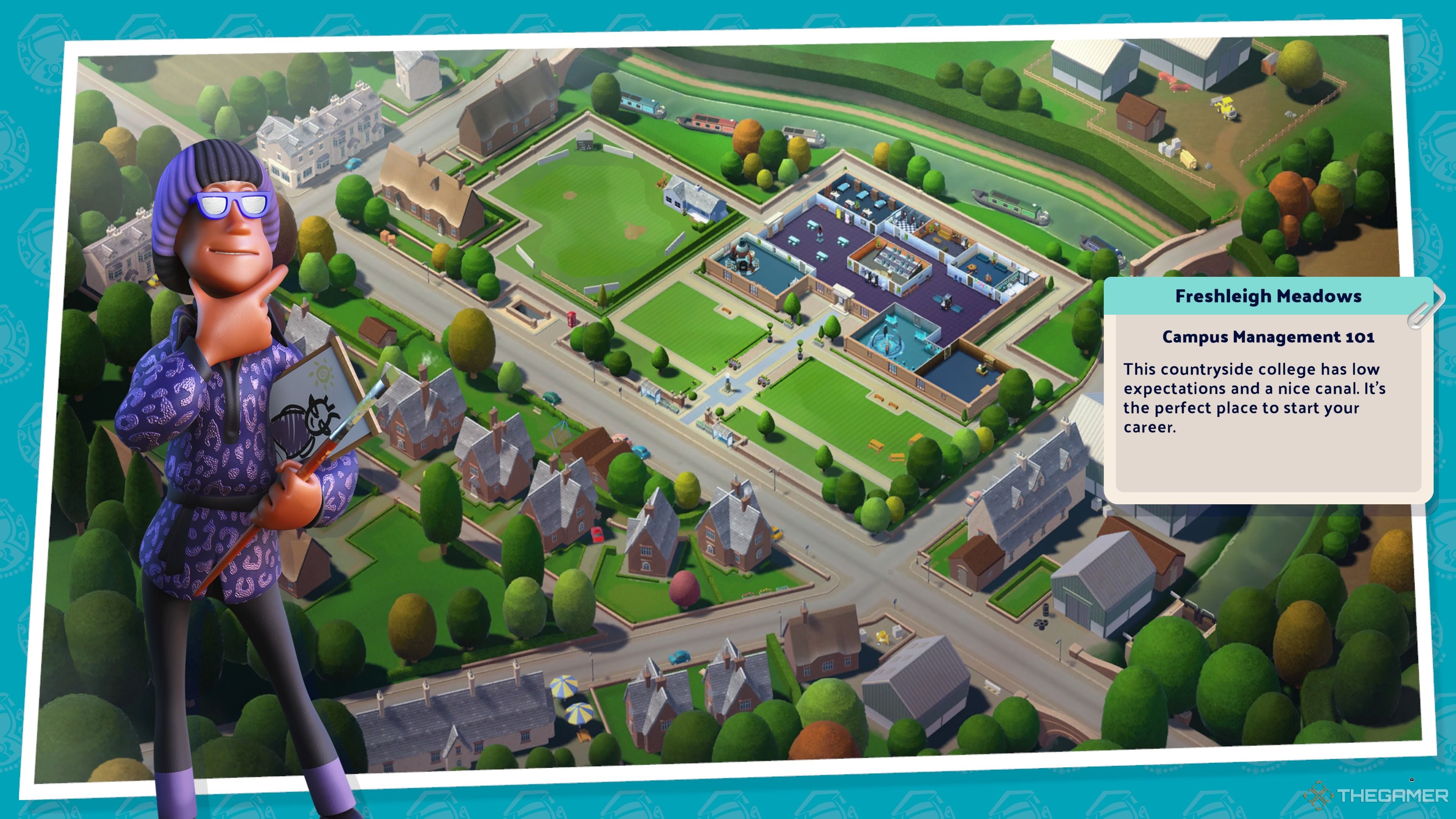 The image shows the loading screen of Freshleigh Medows. A teacher stands in a striking pose at the edge of the picture. In the background you can see the campus with the surrounding suburbs and the lawns/parks scattered throughout.