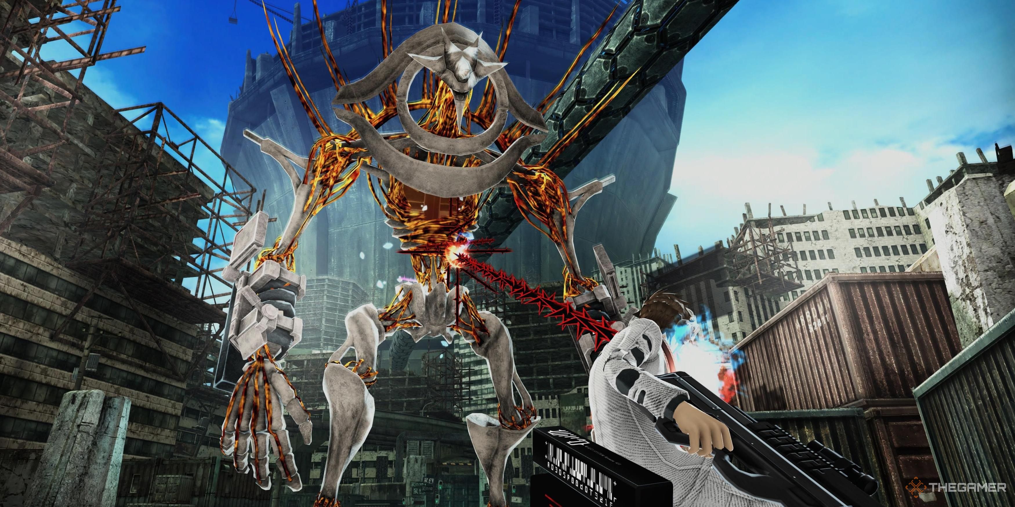 A character with their thorn attached to an Abductor in Freedom Wars Remastered.