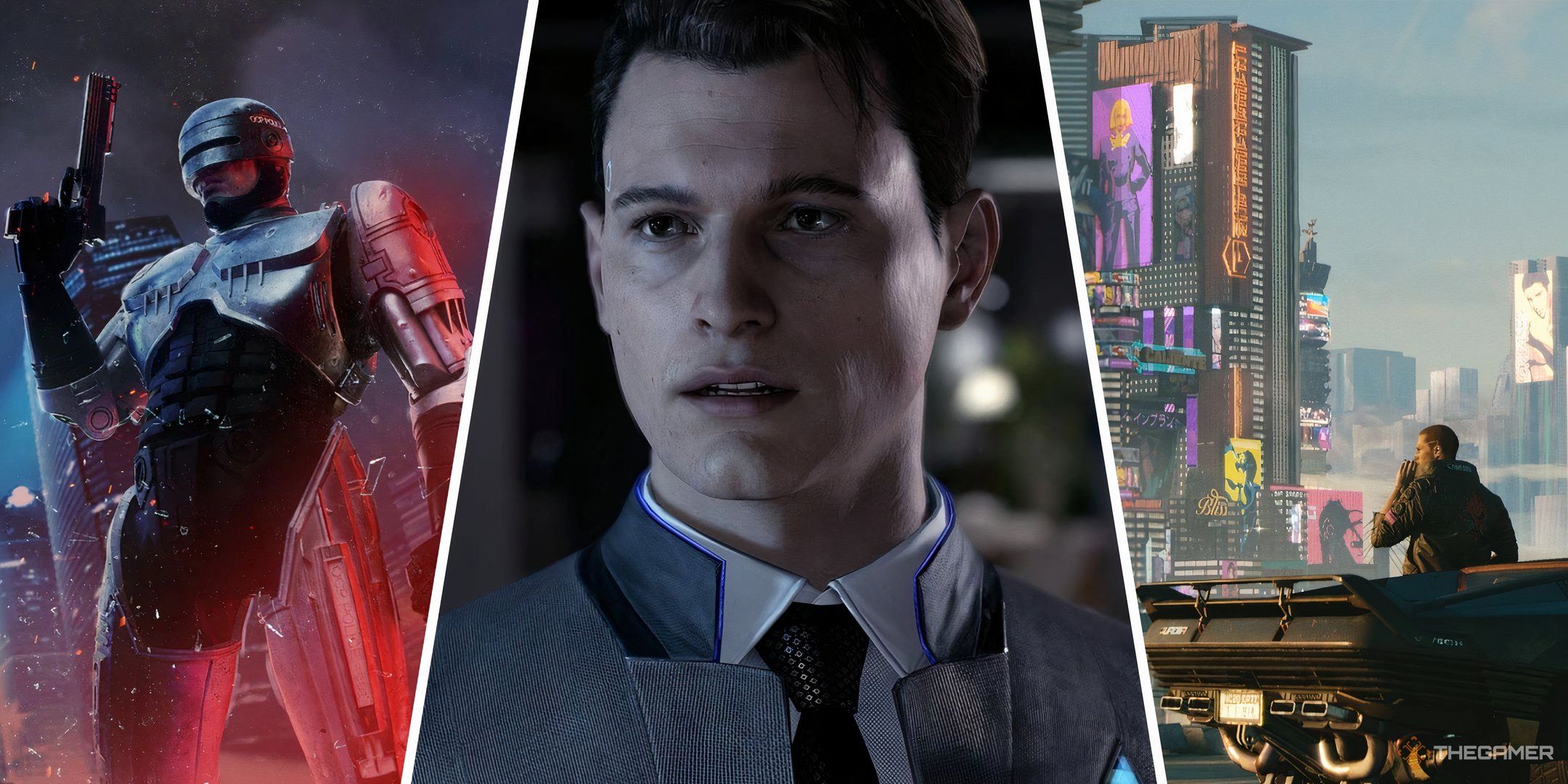 Games To Play If You Loved Detroit Become Human New Feature Image With Connor In The Center And RoboCop Rogue City And Cyberpunk 2077 In The Other Panels.