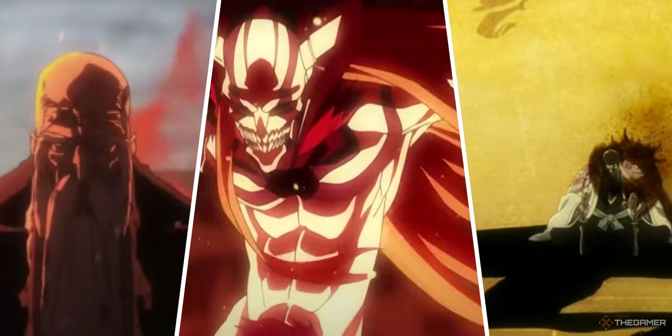 Genryusai. Hollow Ichigo, and Kyoraku are shown in Bleach.