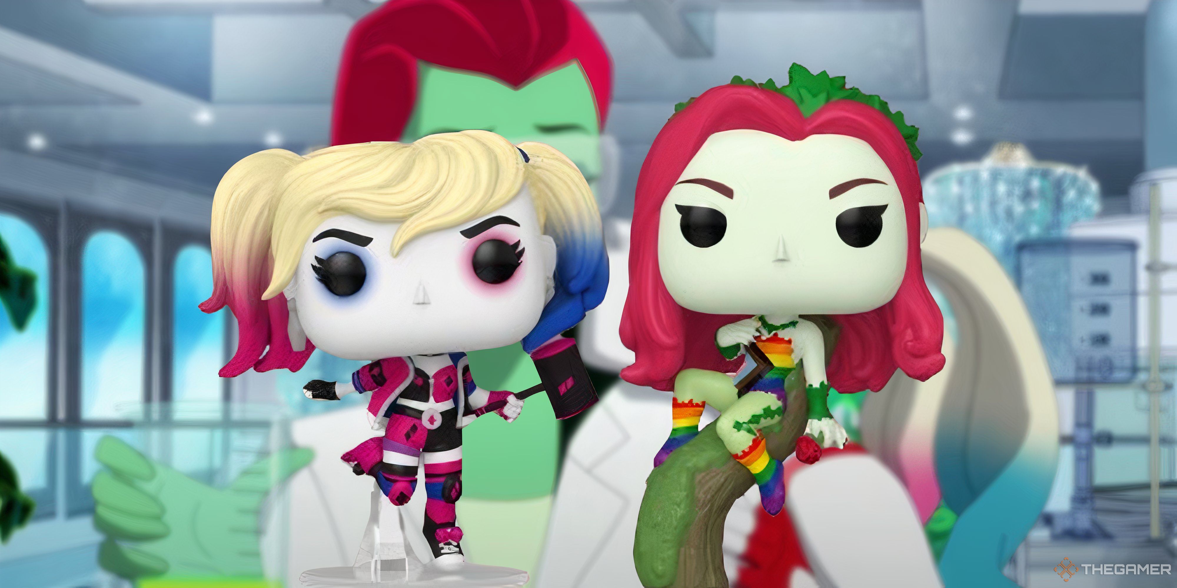 harley quinn and poison ivy pride funko pops on a blurred shot from the harley quinn animated show.