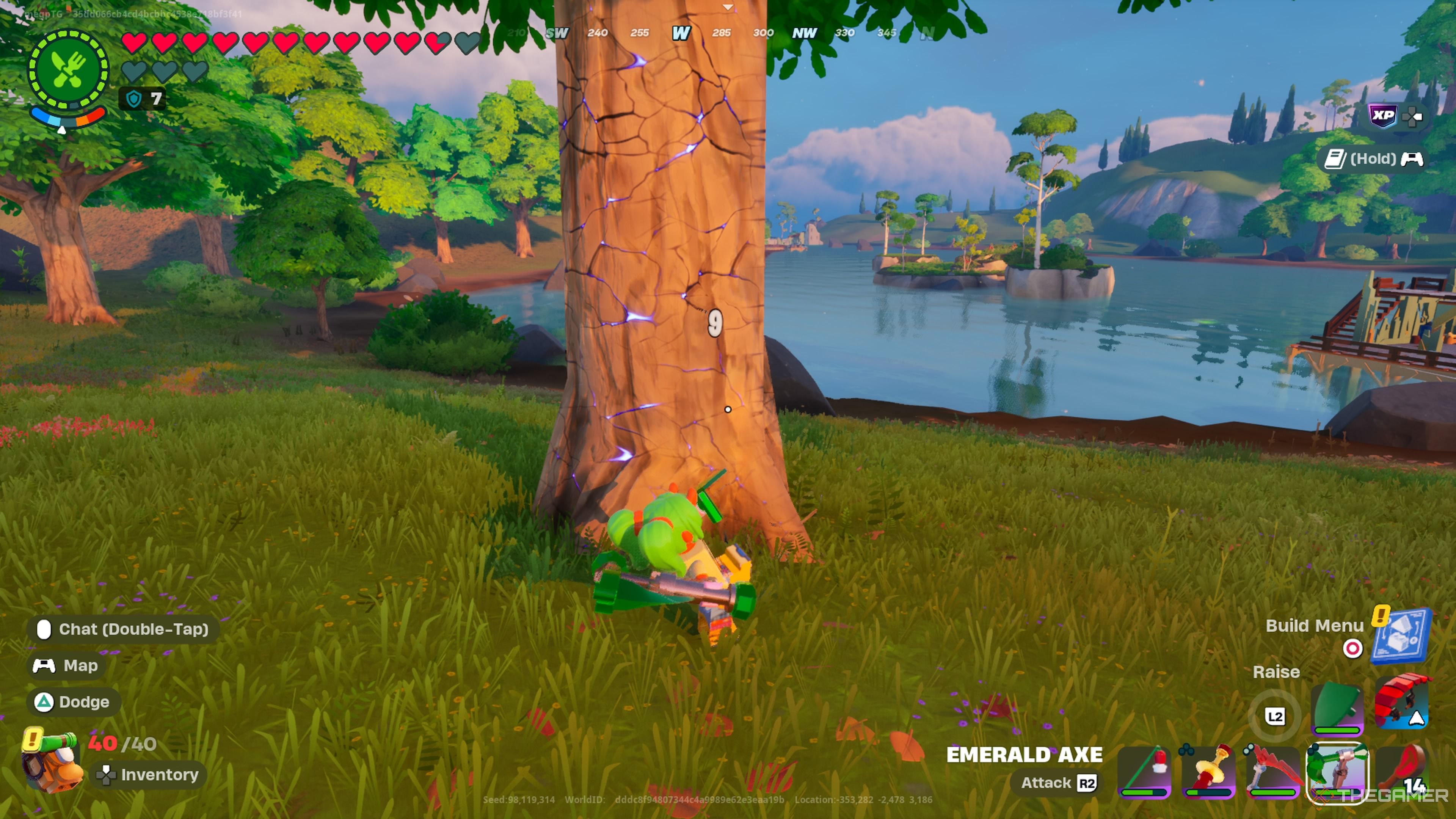 Harvesting wood in Lego Fortnite Odyssey.