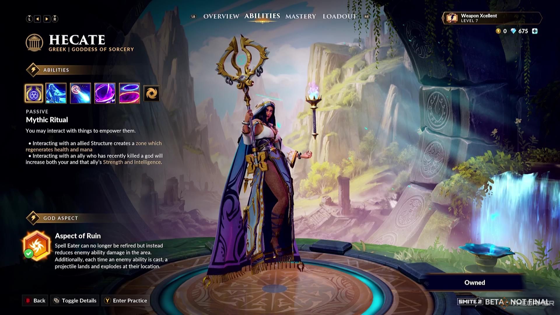 Hecate&rsquo;s God Aspect in their ability screen of Smite 2.