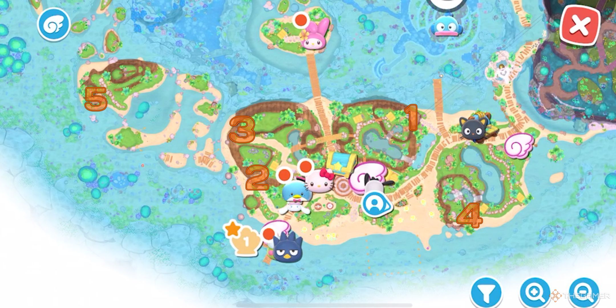 Hello Kitty Island Adventure Seaside Resort all puzzle room location marked.