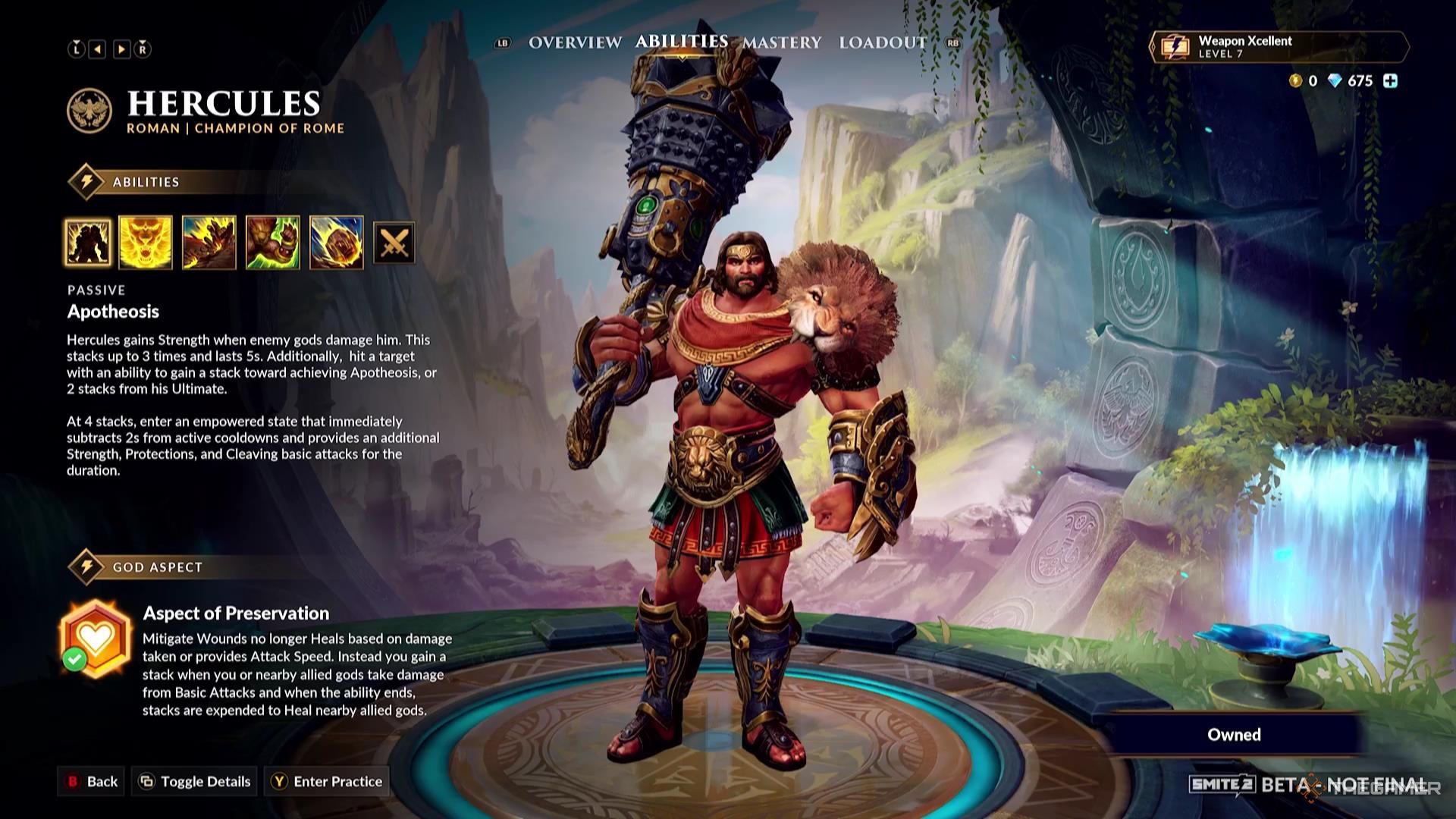 Hercules' God Aspect in their ability screen of Smite 2.