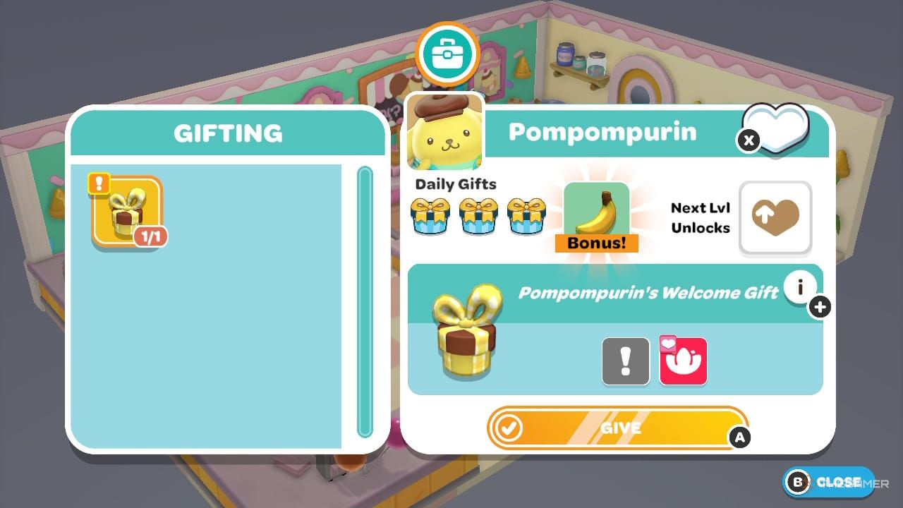 انتخاب هدیه ای برای دادن Pompompurin در Hello Kitty Island Adventure.