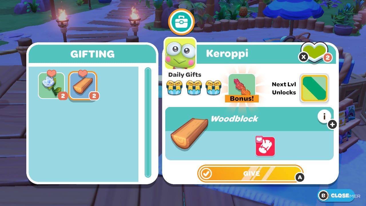 Selecting wood to gift to Keroppi in Hello Kitty Island Adventure.