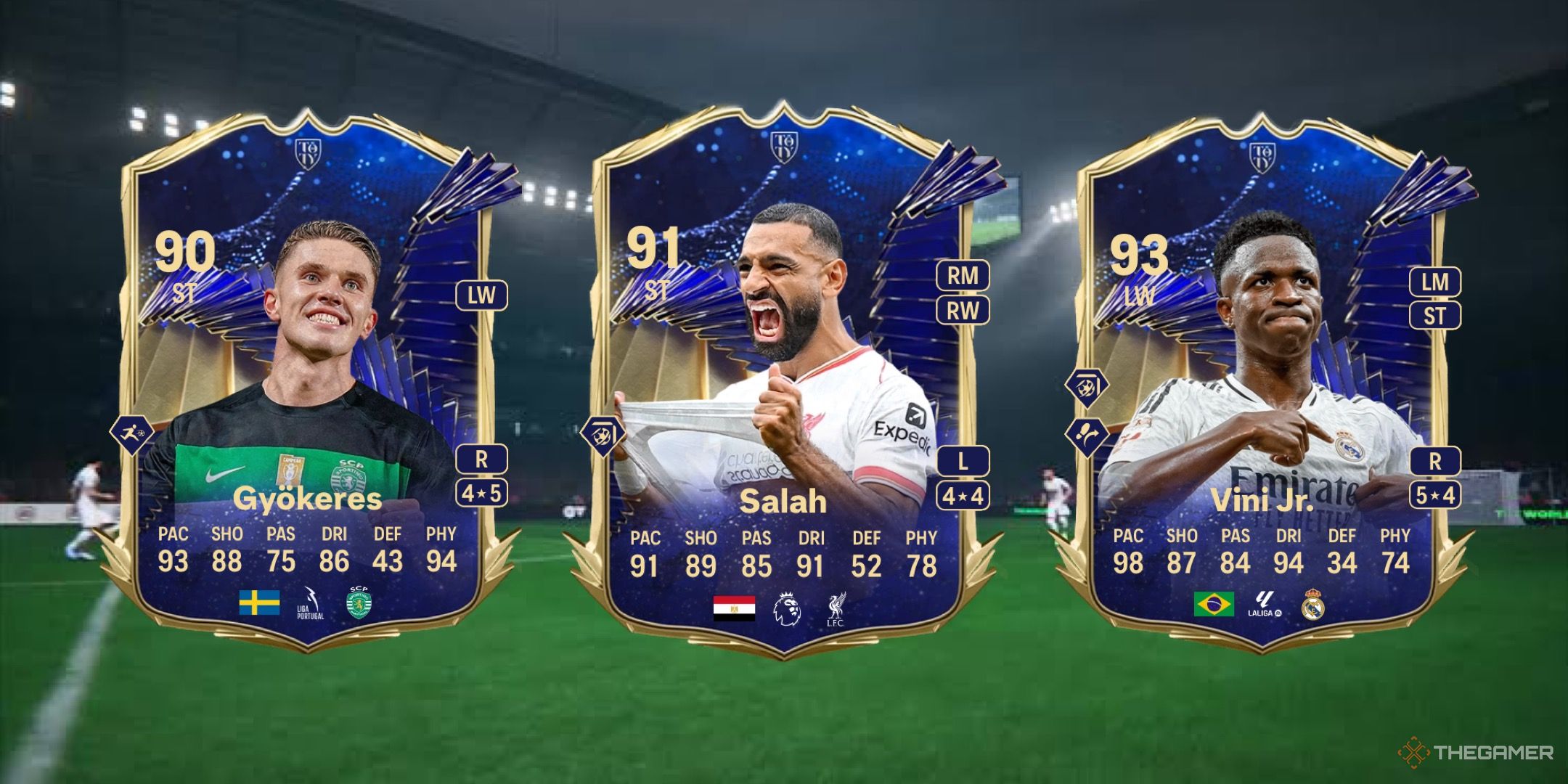 Image showing Gy?keres, Salah, and Vini Jr card against a faded pitch background.