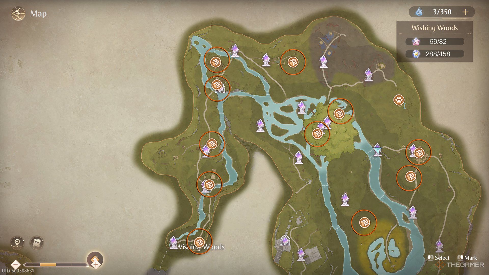 Map of the Wishing Woods with the Wishing Orb Express box games marked.