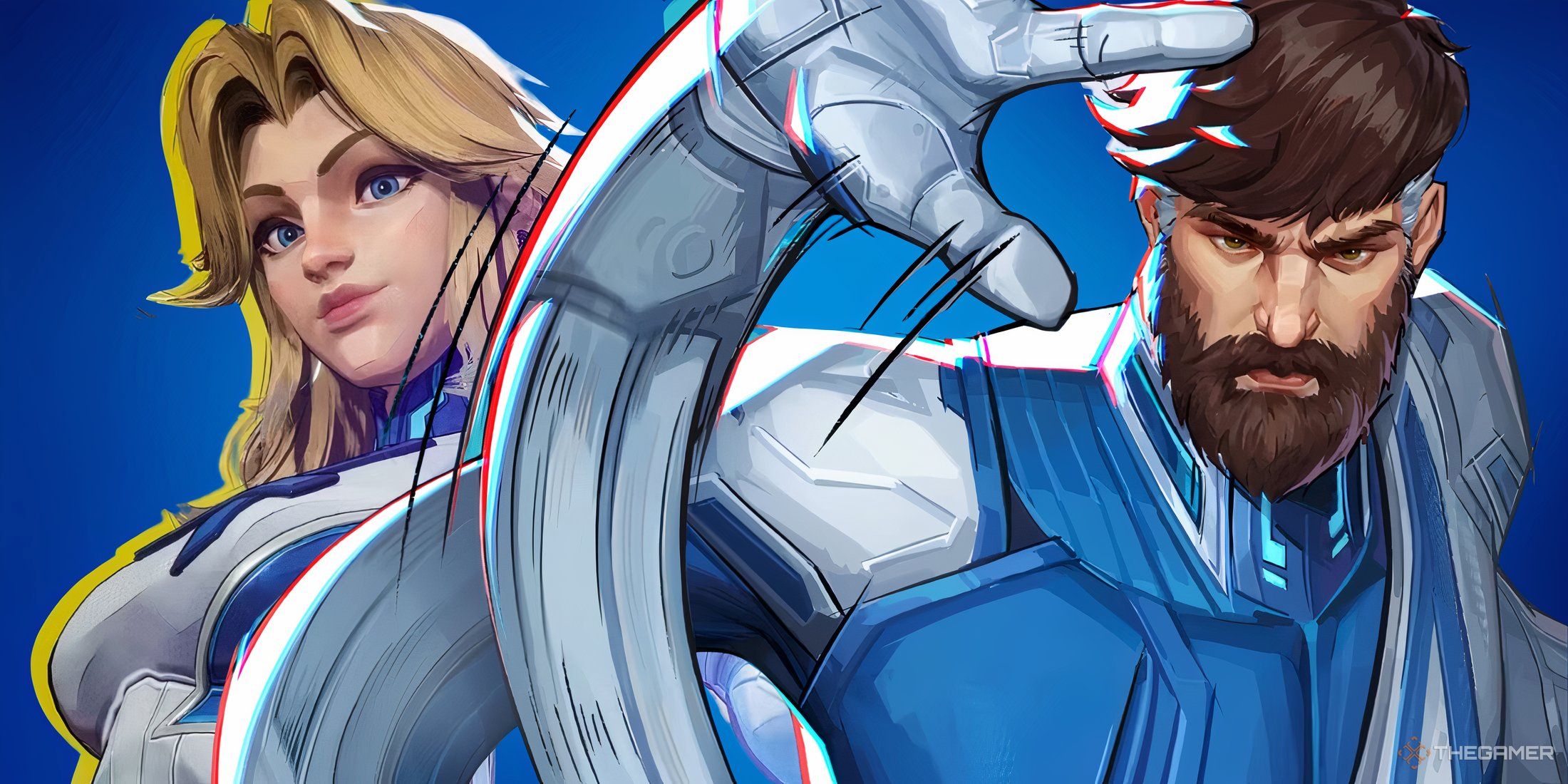 Invisible Woman and Mister Fantastic in front of a blue gradient.