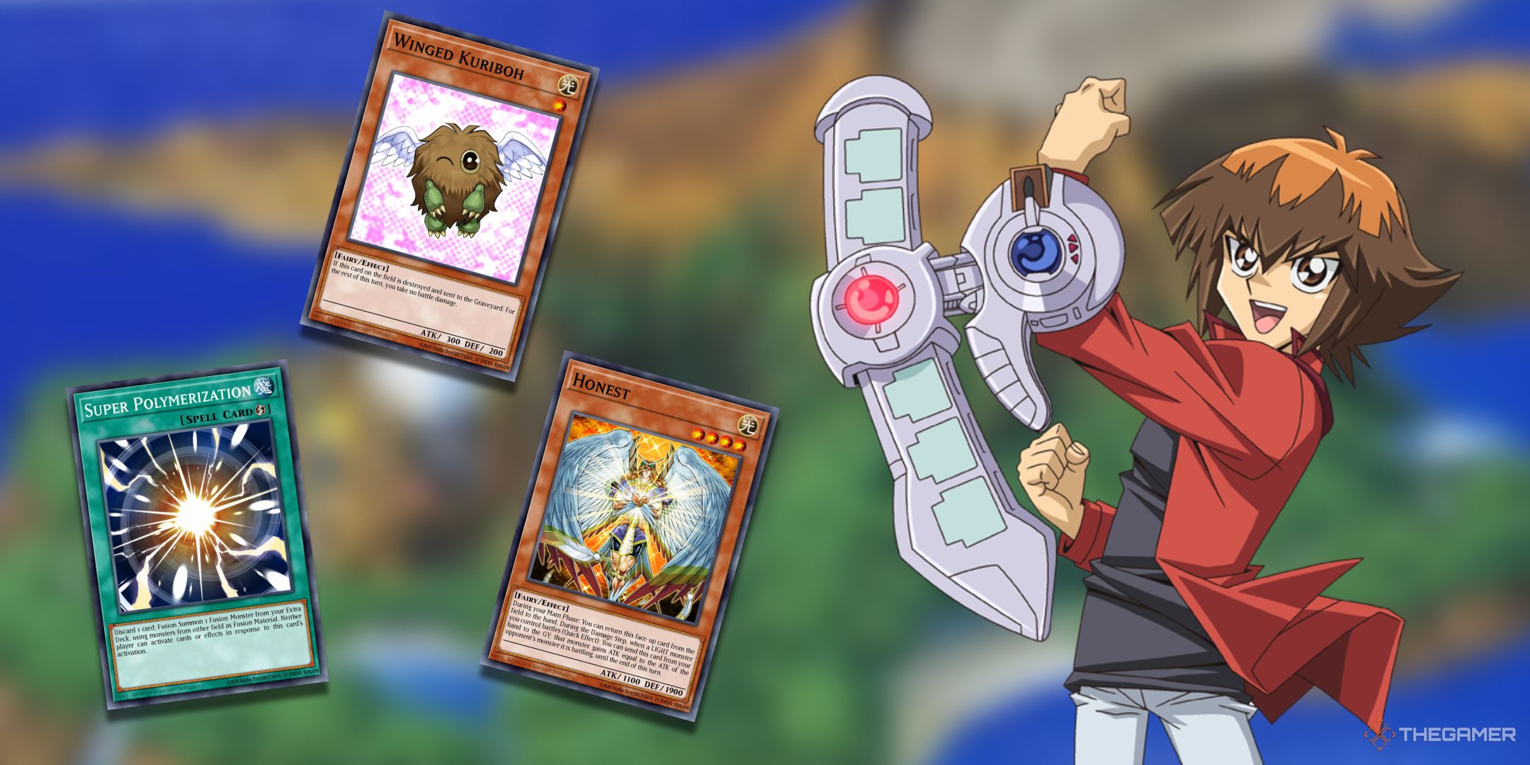 Jaden Yuki In front of a blurred out Duel Academy and his best cards from the Yu-Gi-Oh! TCG.