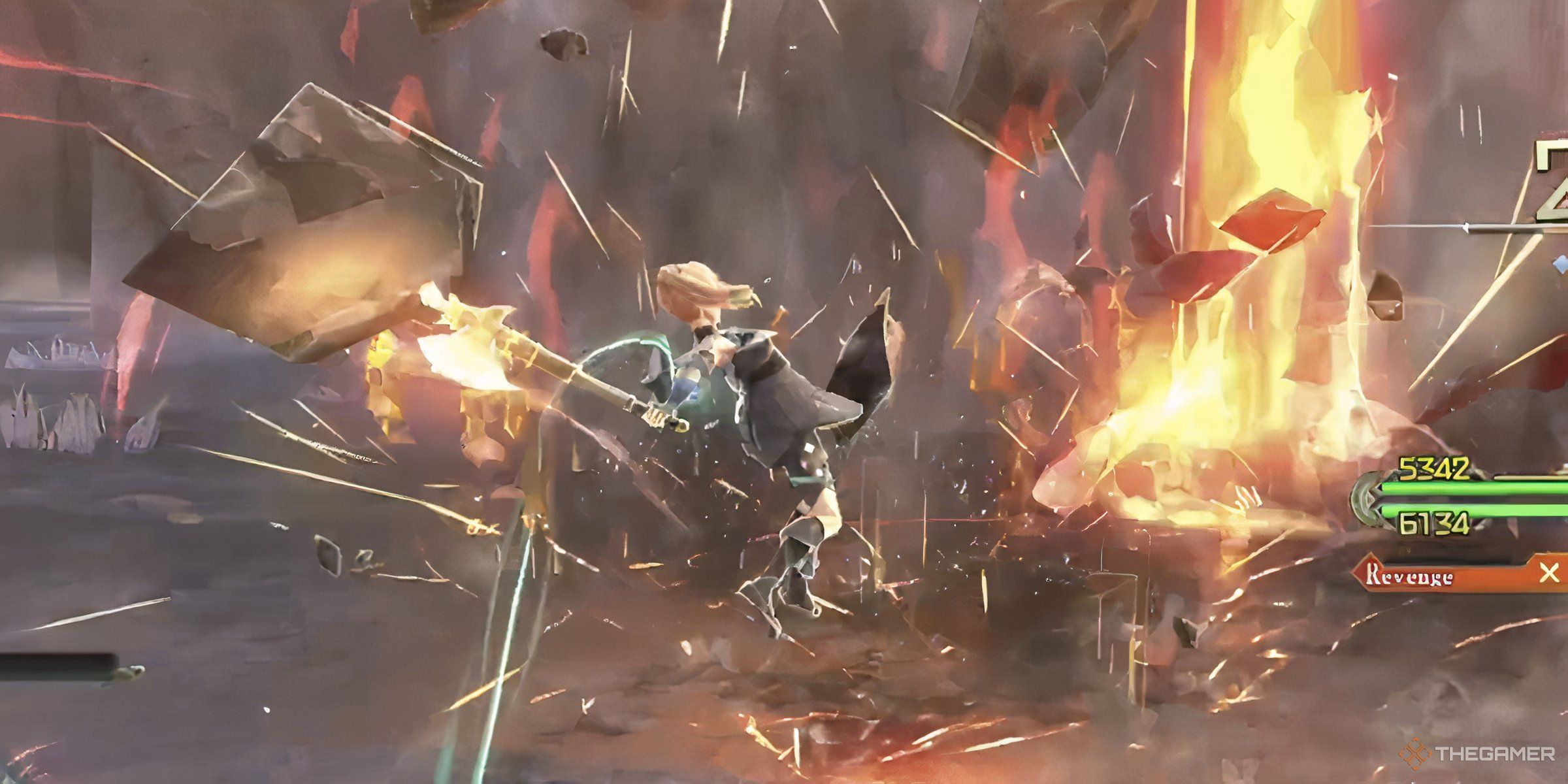 Karja Being Pulled Up By Adol Releasing Flaming Pillars Using The Duo Skill Hárr&rsquo;s Judgment In Ys X: Nordics.