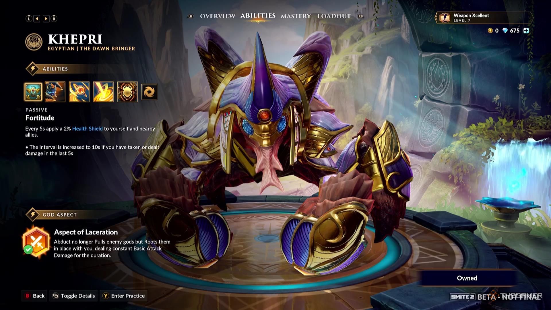 Khepri&rsquo;s God Aspect in their ability screen of Smite 2.