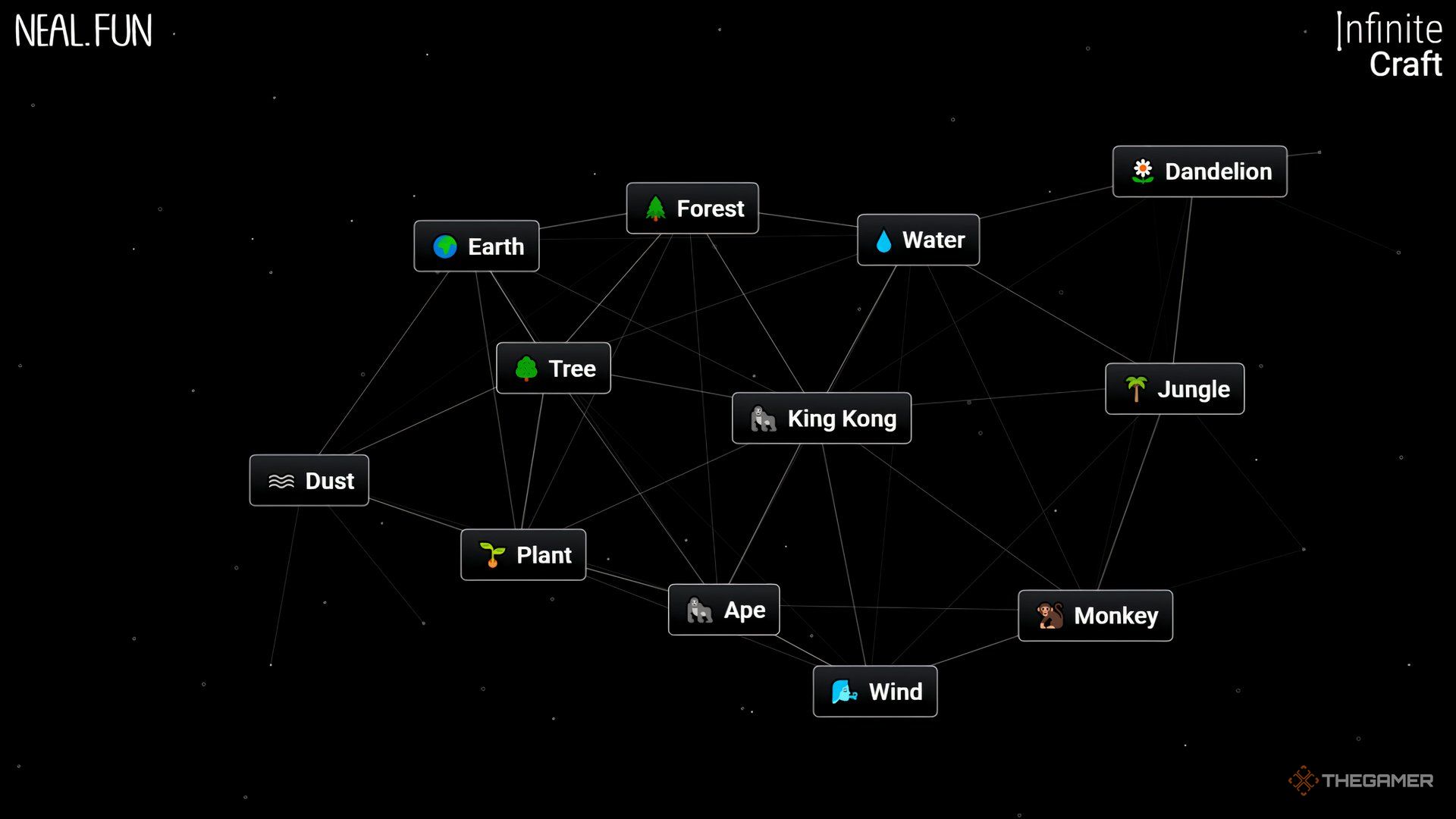 An Infinite Craft screen showing King Kong and several blocks that make him.