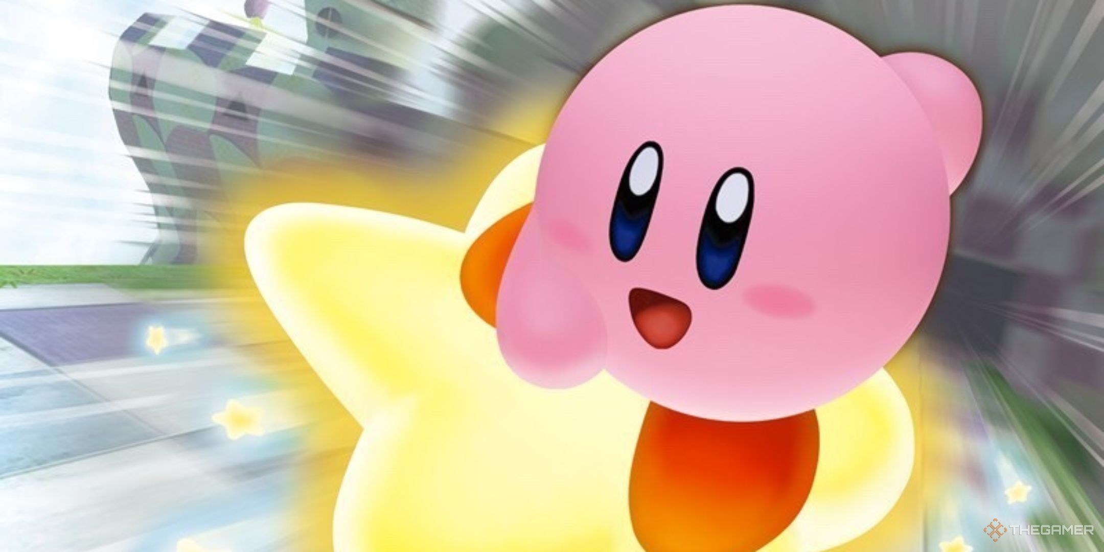 Kirby riding a warp star on the cover of Kirby Air Ride.