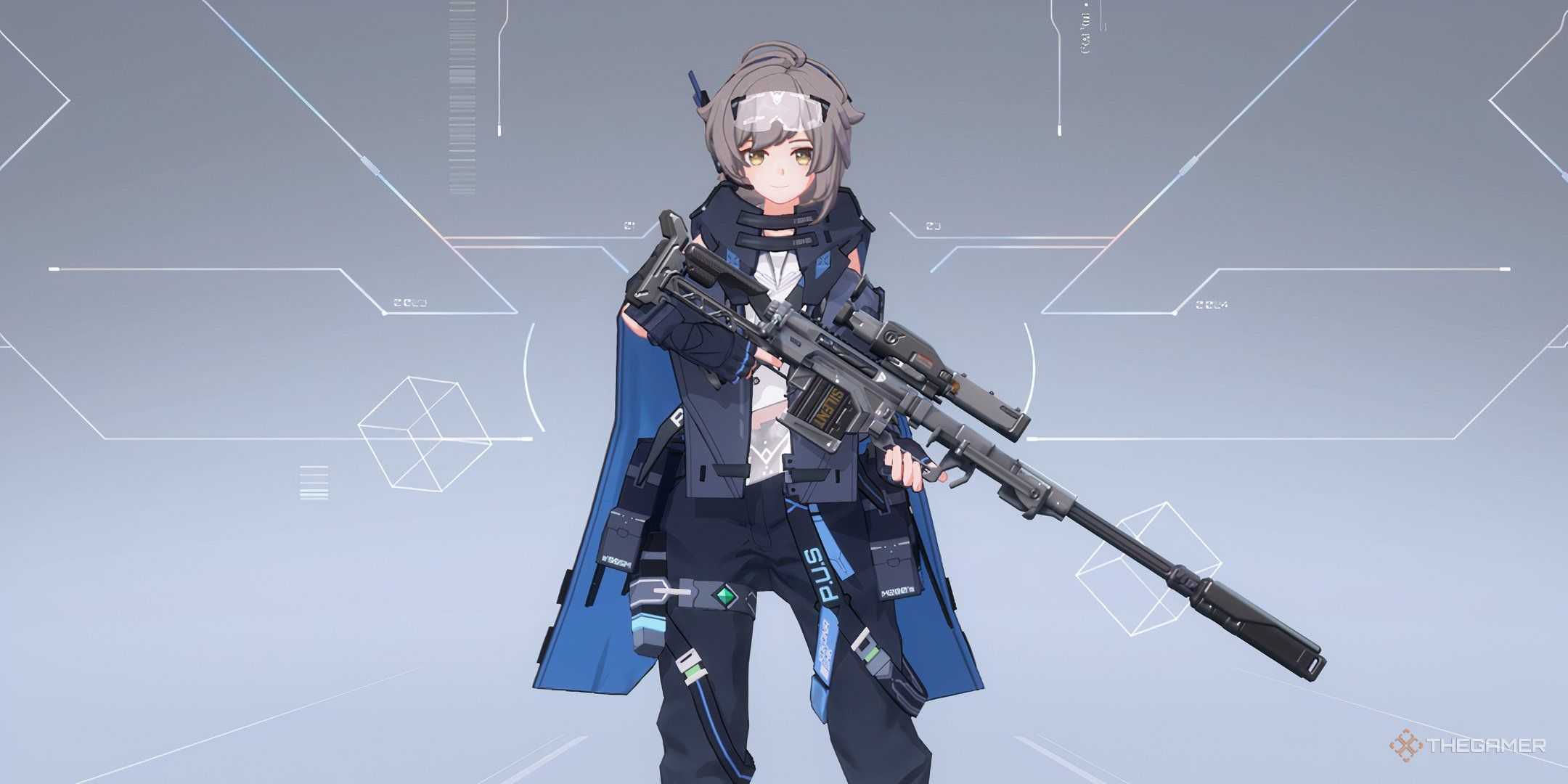 An image showing Kokona, an Agent from Strinova. There is a white background with is textured like circuits.