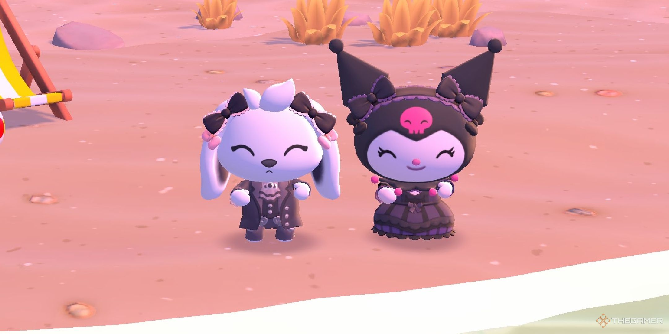 Kuromi and a player posing together in Hello Kitty Island Adventure.