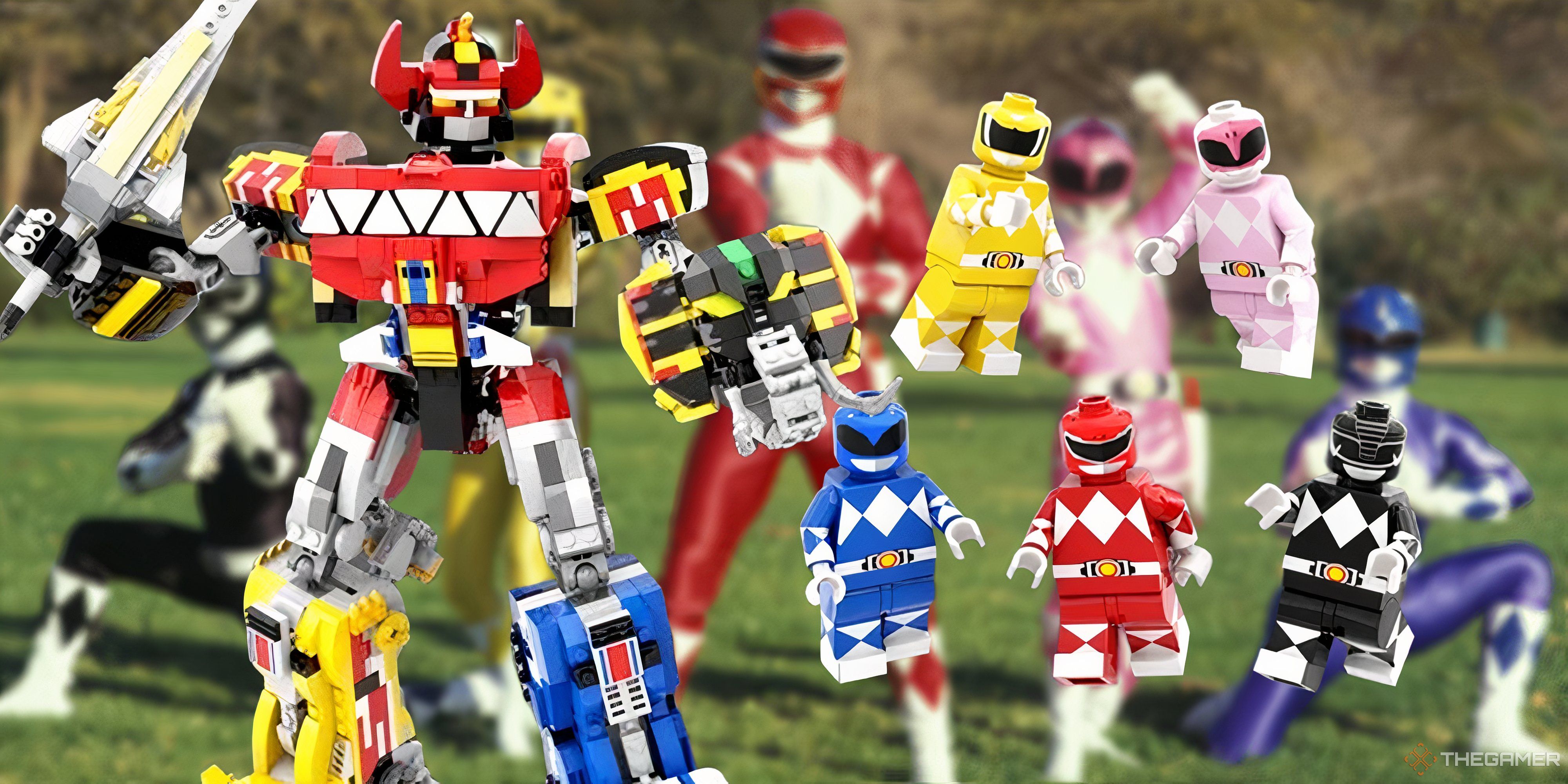 lego megazord next to some power rangers minifigures on a blurred mighty morphin power rangers background