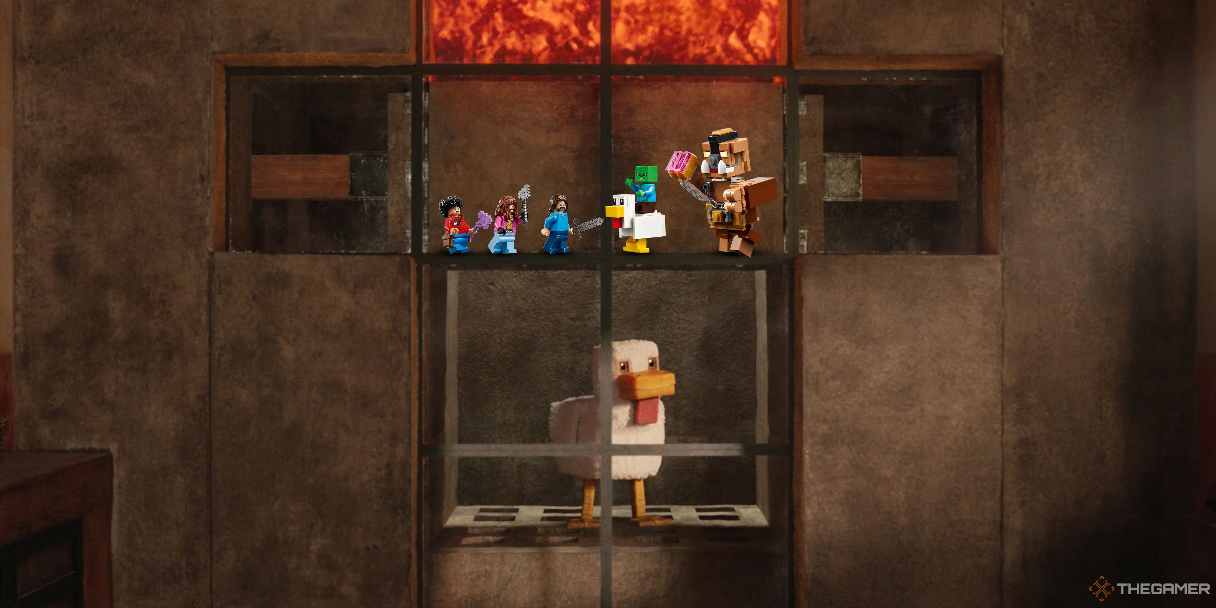 lego minifigures fighting above a duck in the minecraft movie.