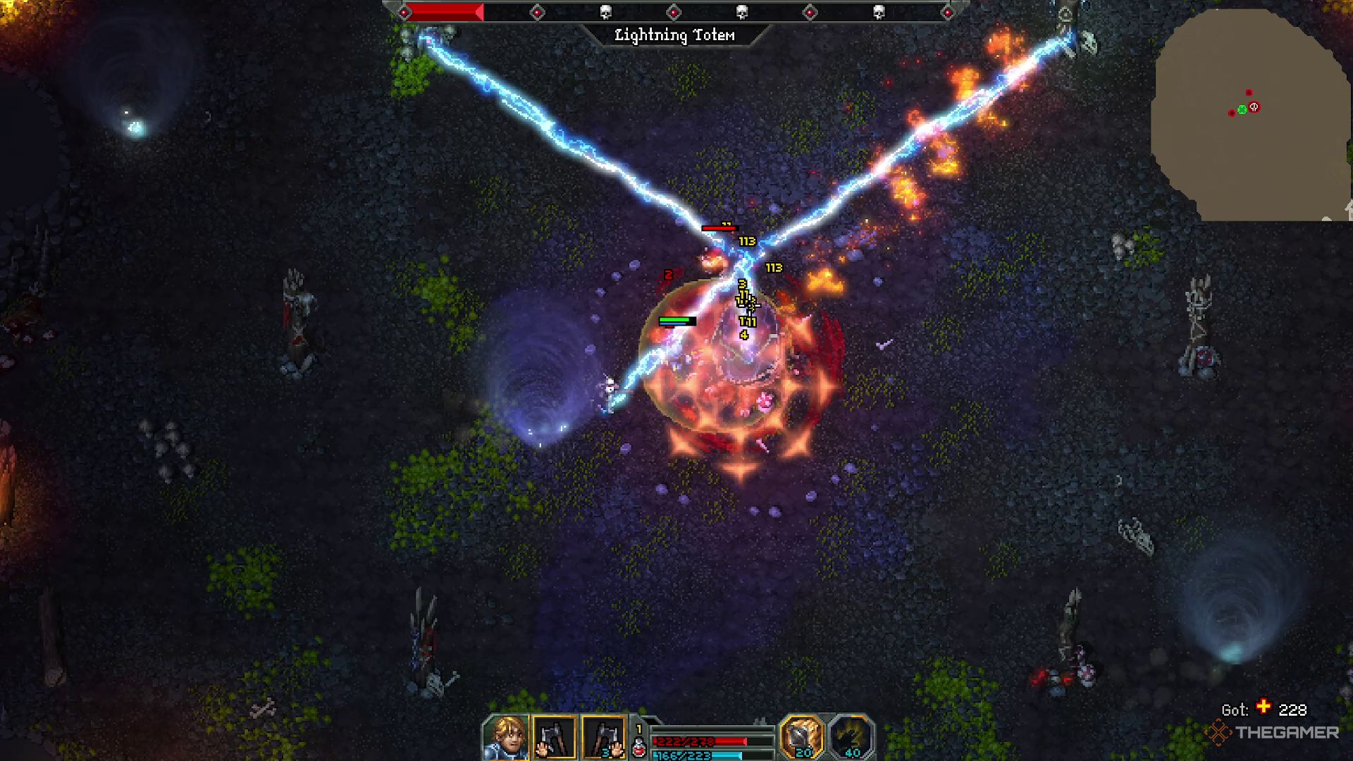 The Lightning Totem arcing lightning to smaller totems in Heroes of Hammerwatch 2.