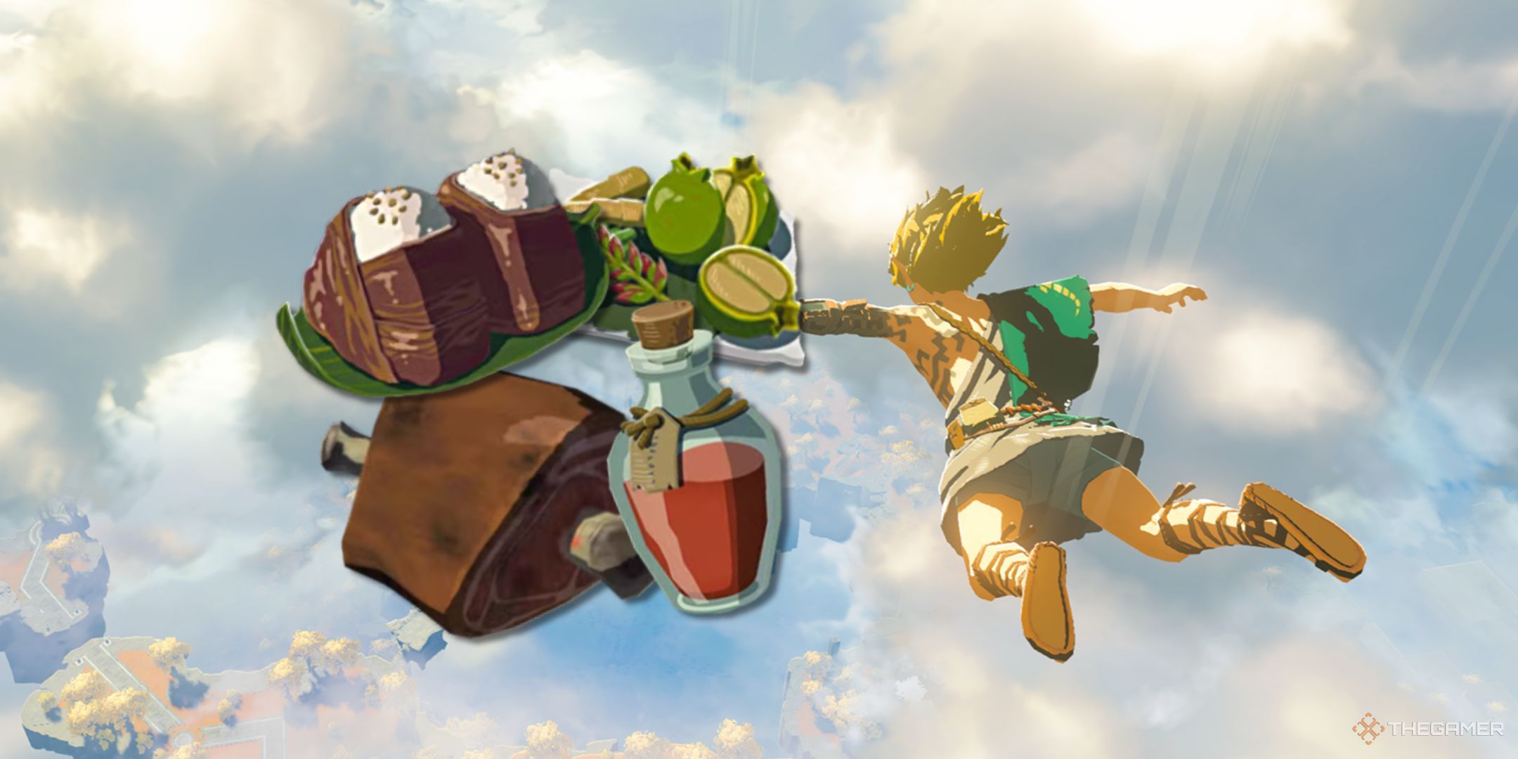 Link falling through the sky in TOTK with various food recipes floating alongside him