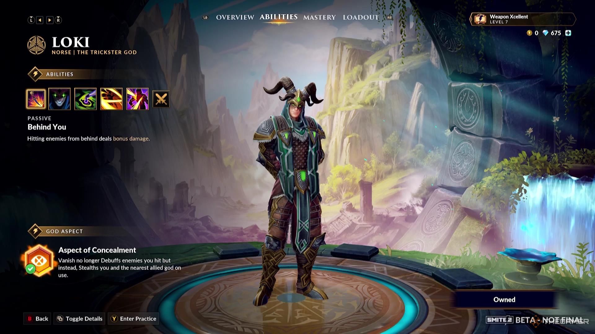 Loki&rsquo;s God Aspect in their ability screen of Smite 2.