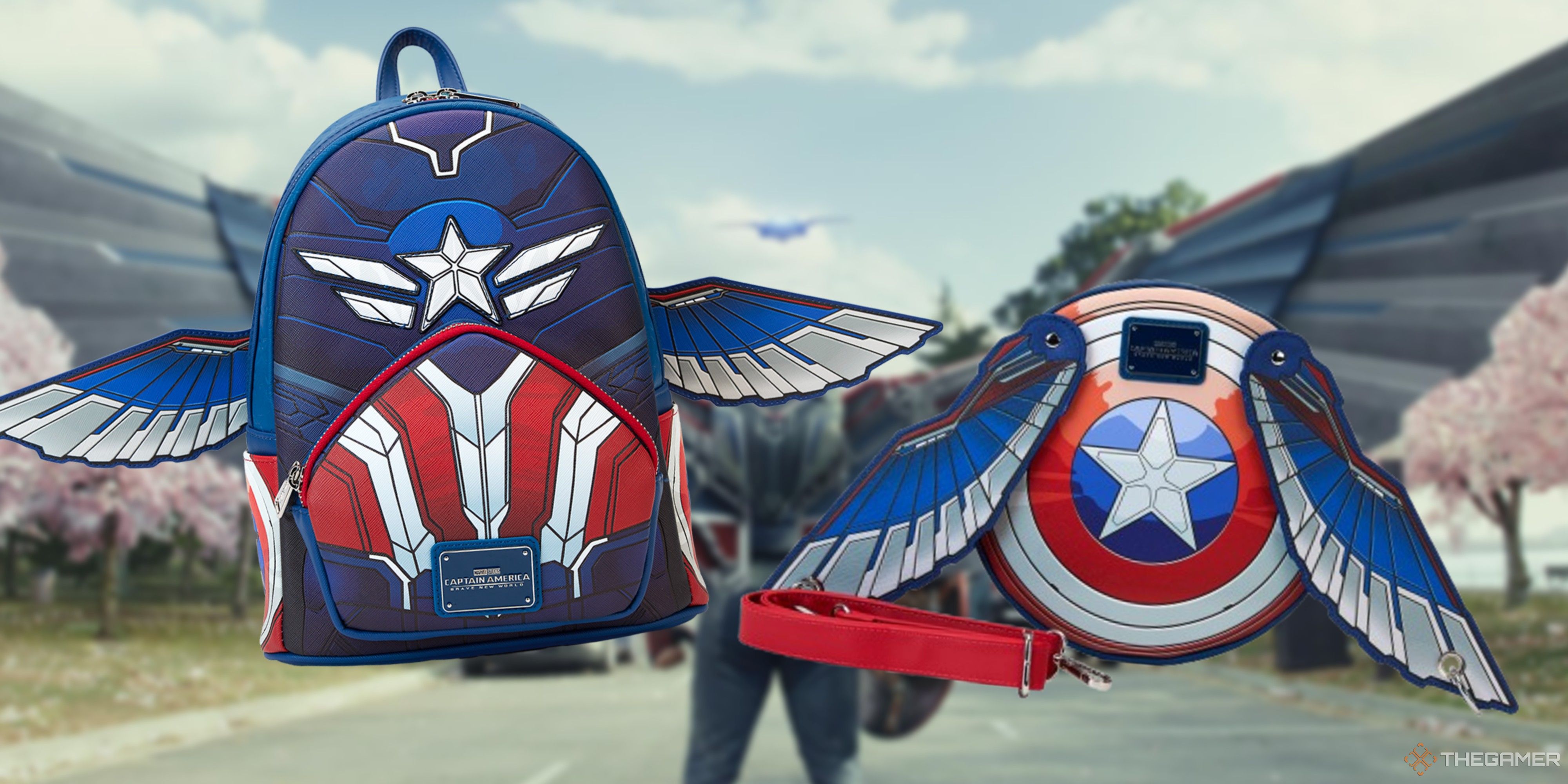 loungefly captain america brave new world backpack and crossbody bag on a blurred brave new world background.