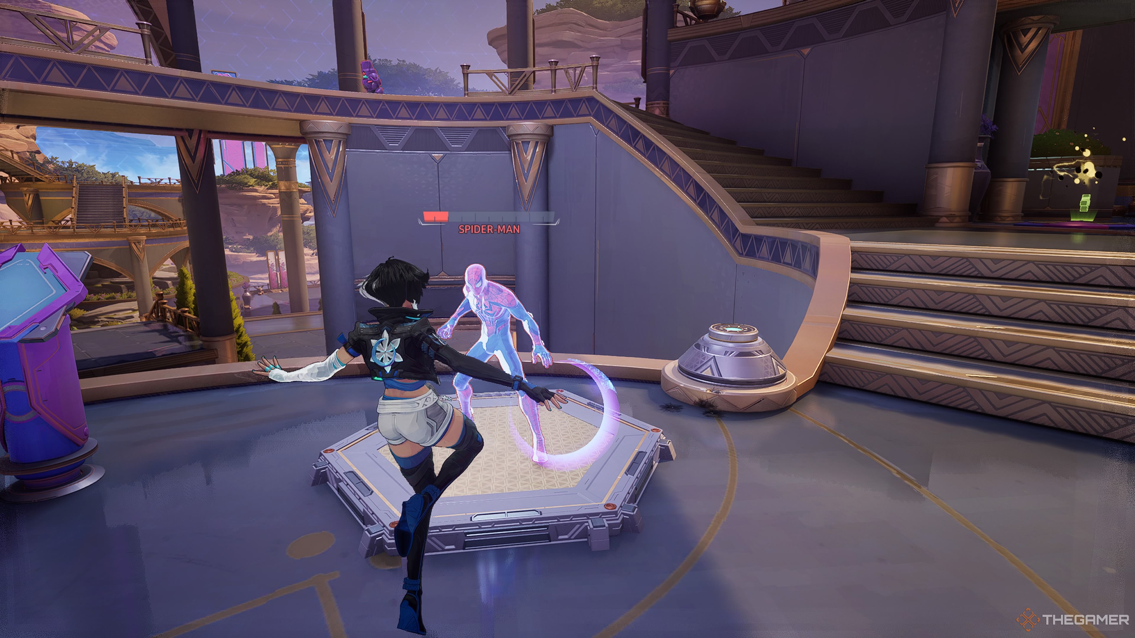 The image showcases Luna Snow Freezing Spider-Man in Marvel Rivals and she is currently in mid-reload with the glow emitting from around her hand. Spider-Man is down to below a quarter of health in the image.