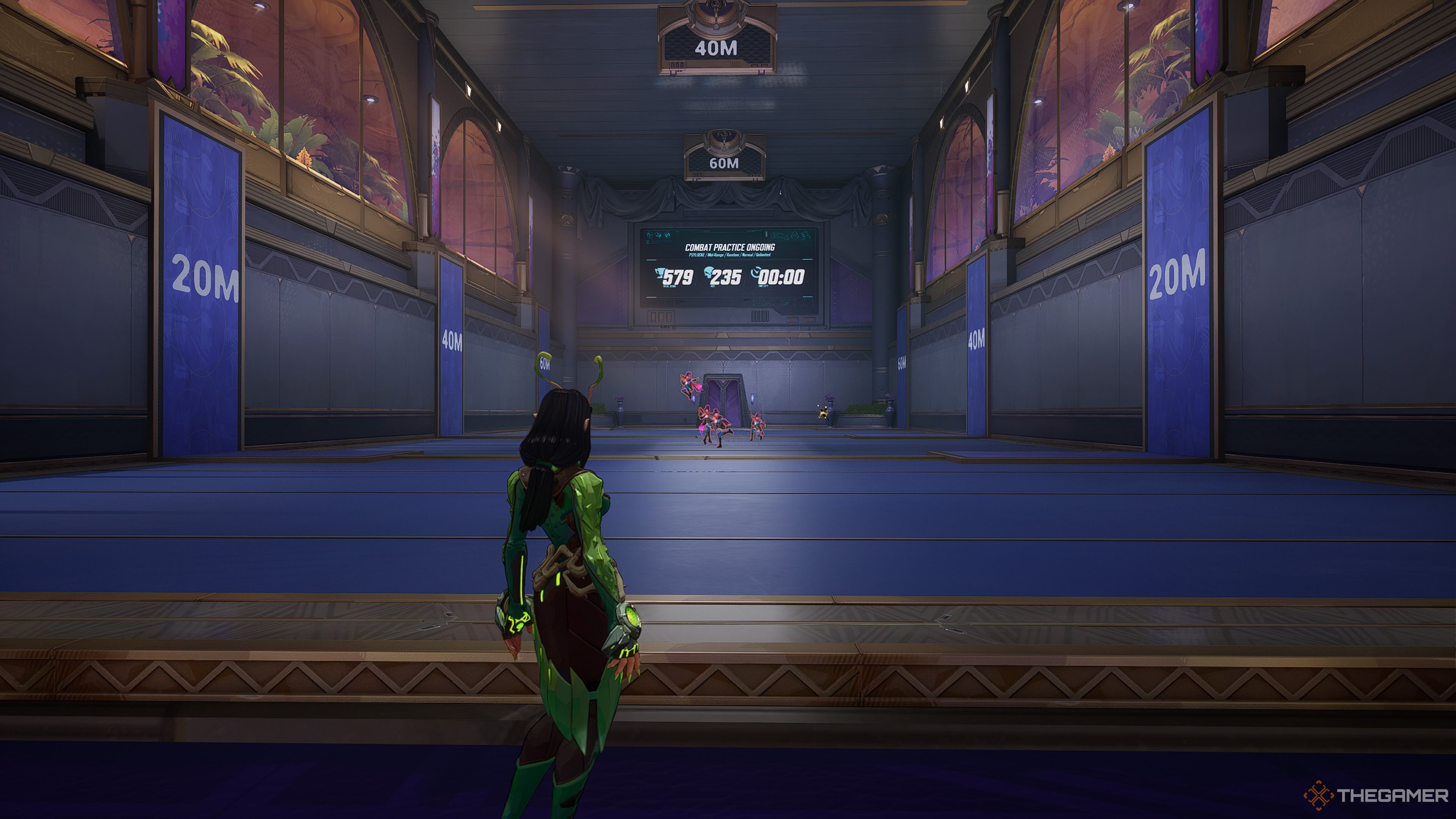 The image shows Mantis standing at the practice range looking towards a number of Psylocke's in the background.