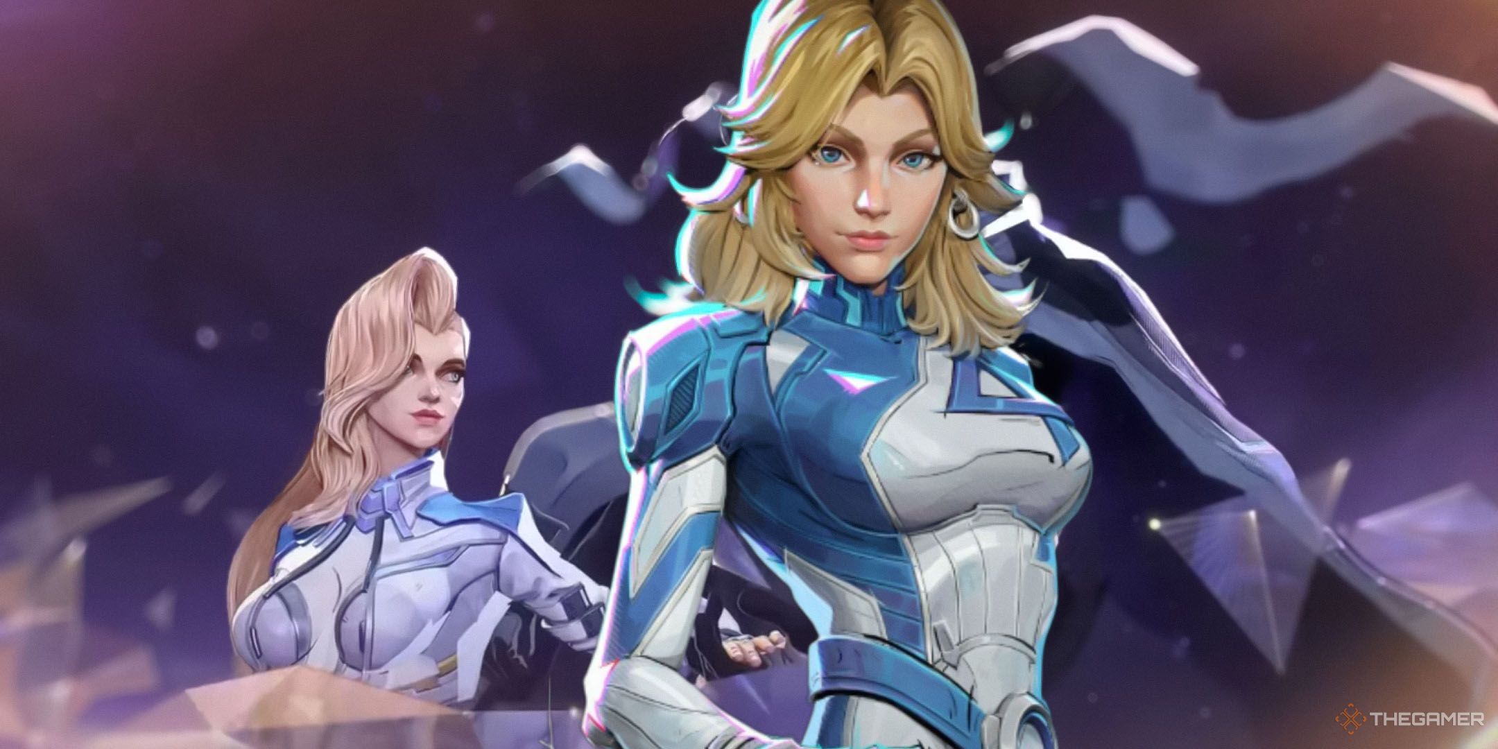 Marvel Rivals Invisible Woman next to Dagger over a purple background.