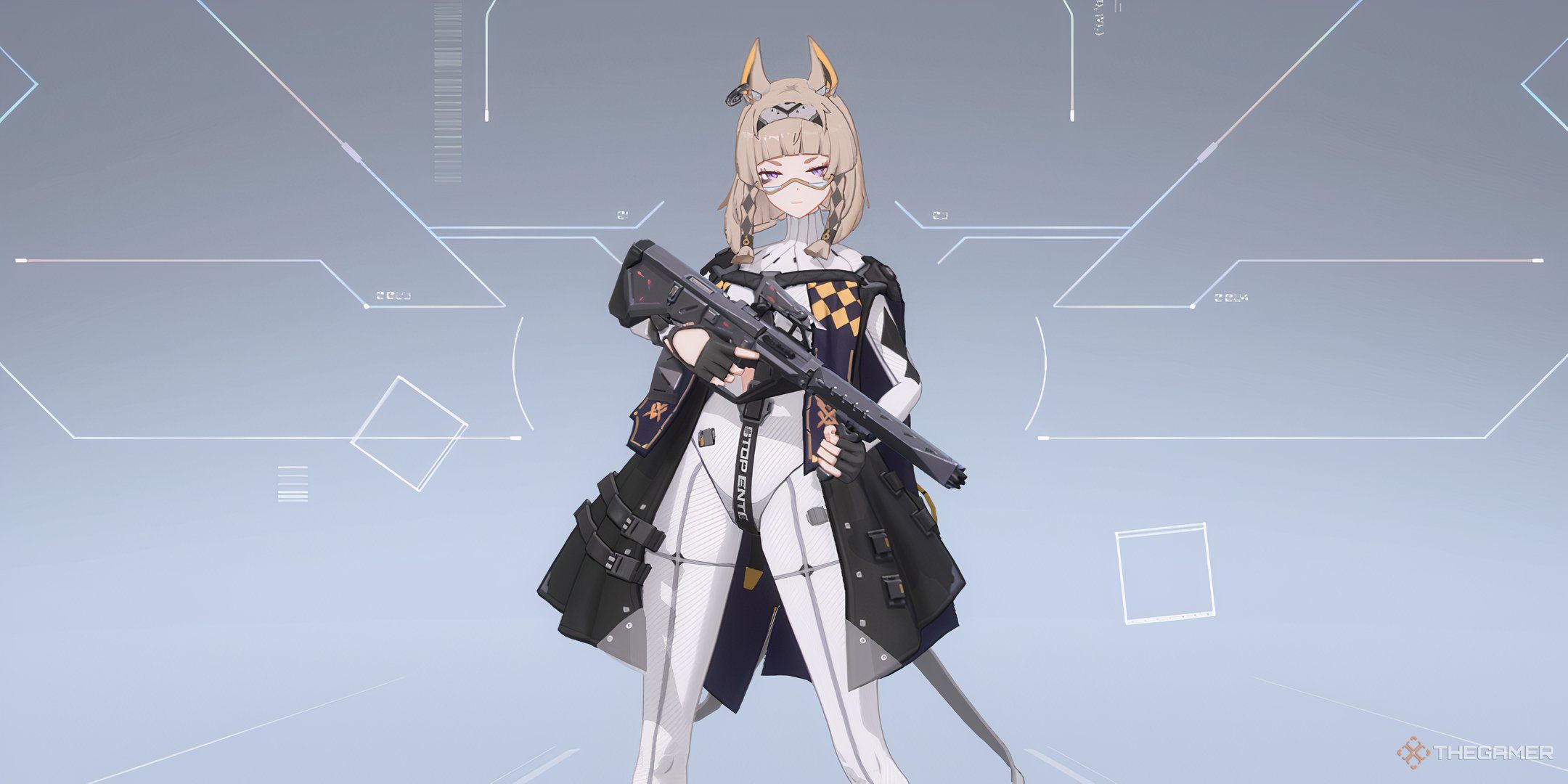 An image showing Meredith, an Agent from Strinova. There is a white background with is textured like circuits.