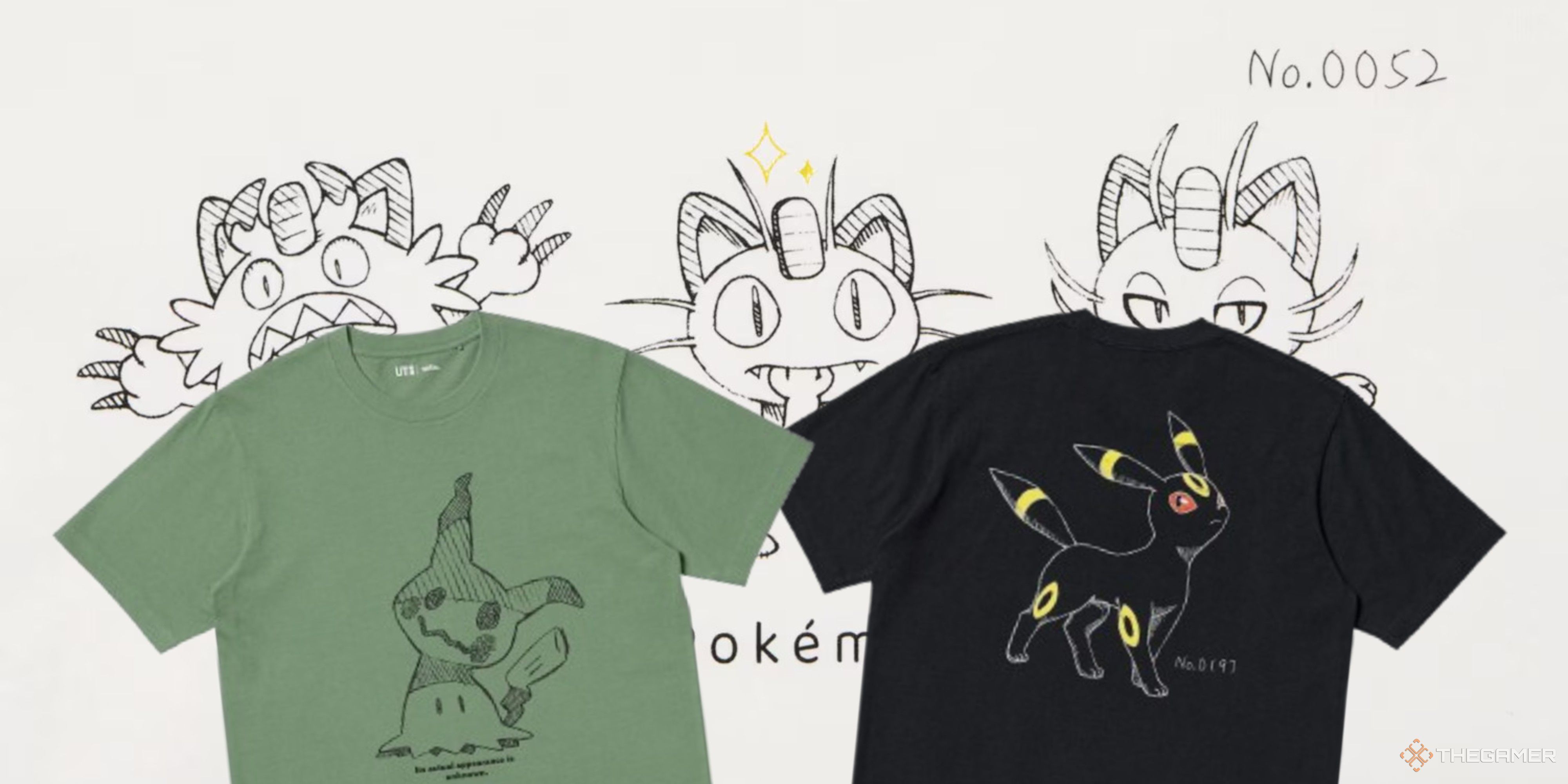mimikyu and umbreon pokemon uniqlo t-shirts with a mewoth t-shirt design behind them.