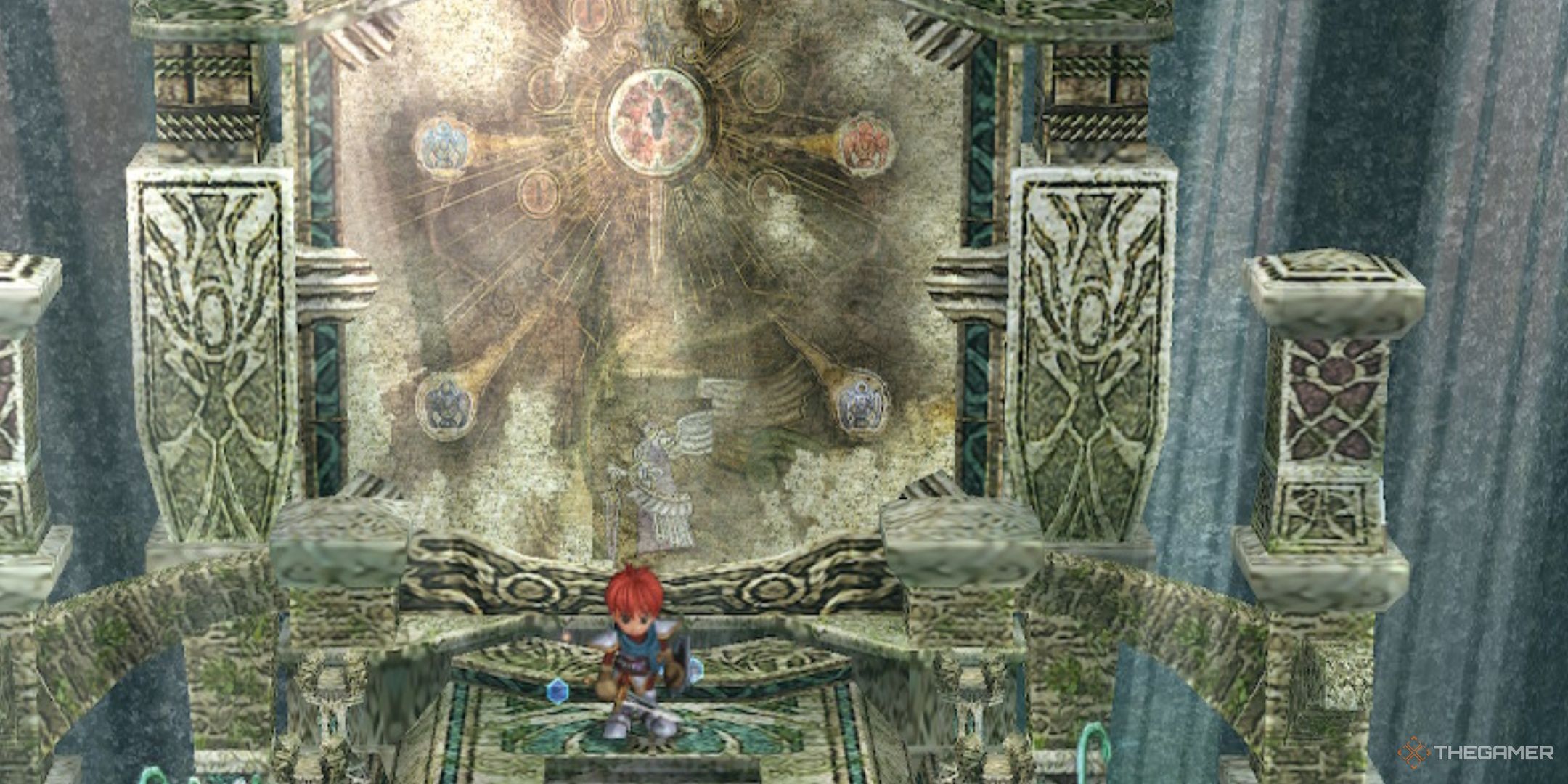 Adol standing beside the mission tablet in the abandoned mine in ys memoire the oath in felghana.