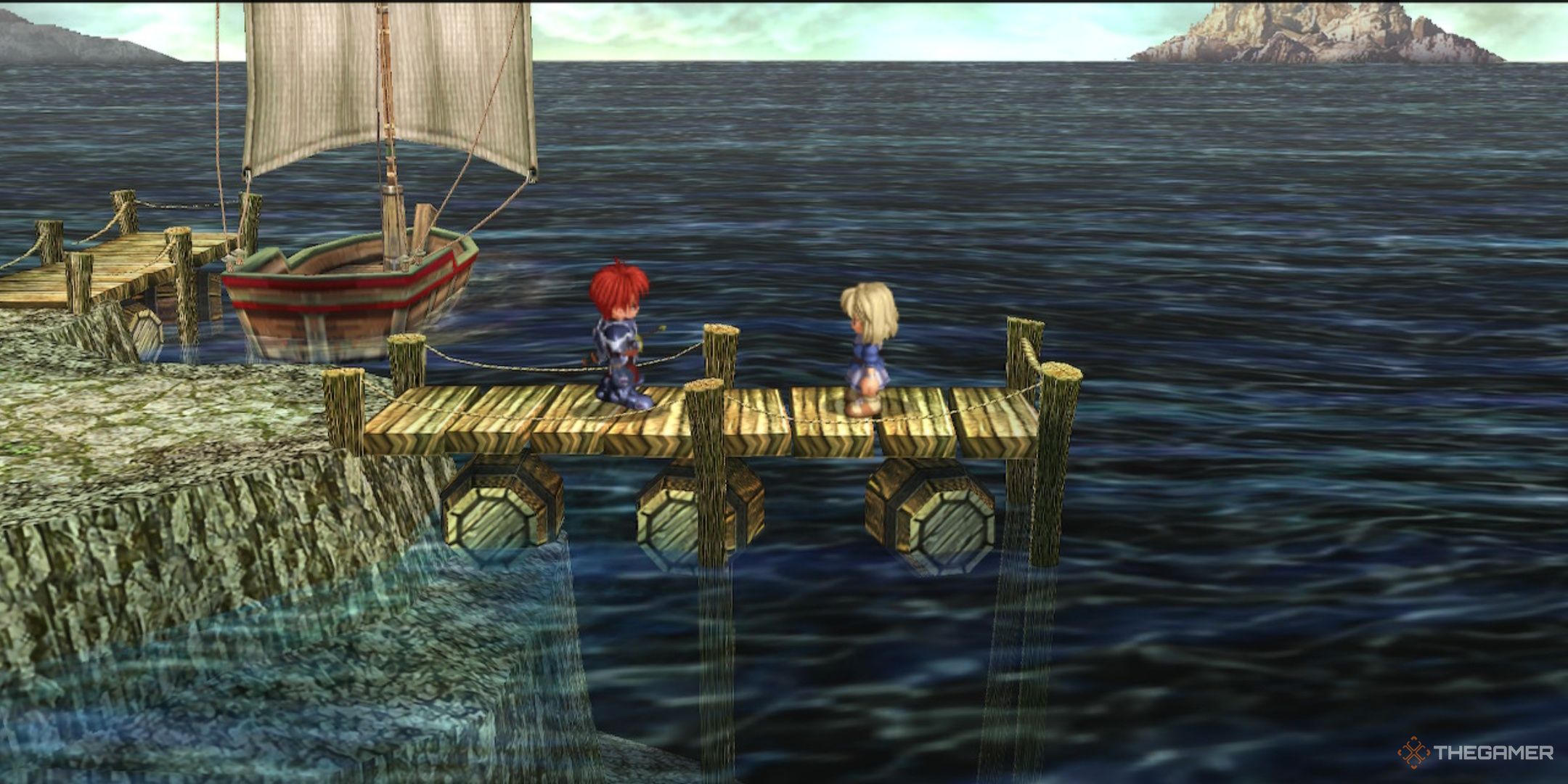 Adol and Elena talking together on the pier by genos island in ys memoire the oath in felghana.