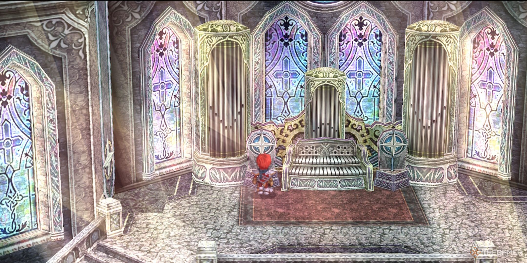 Adol standing beside the organ in Valestein Castle in Ys Memoire the oath in felghana.