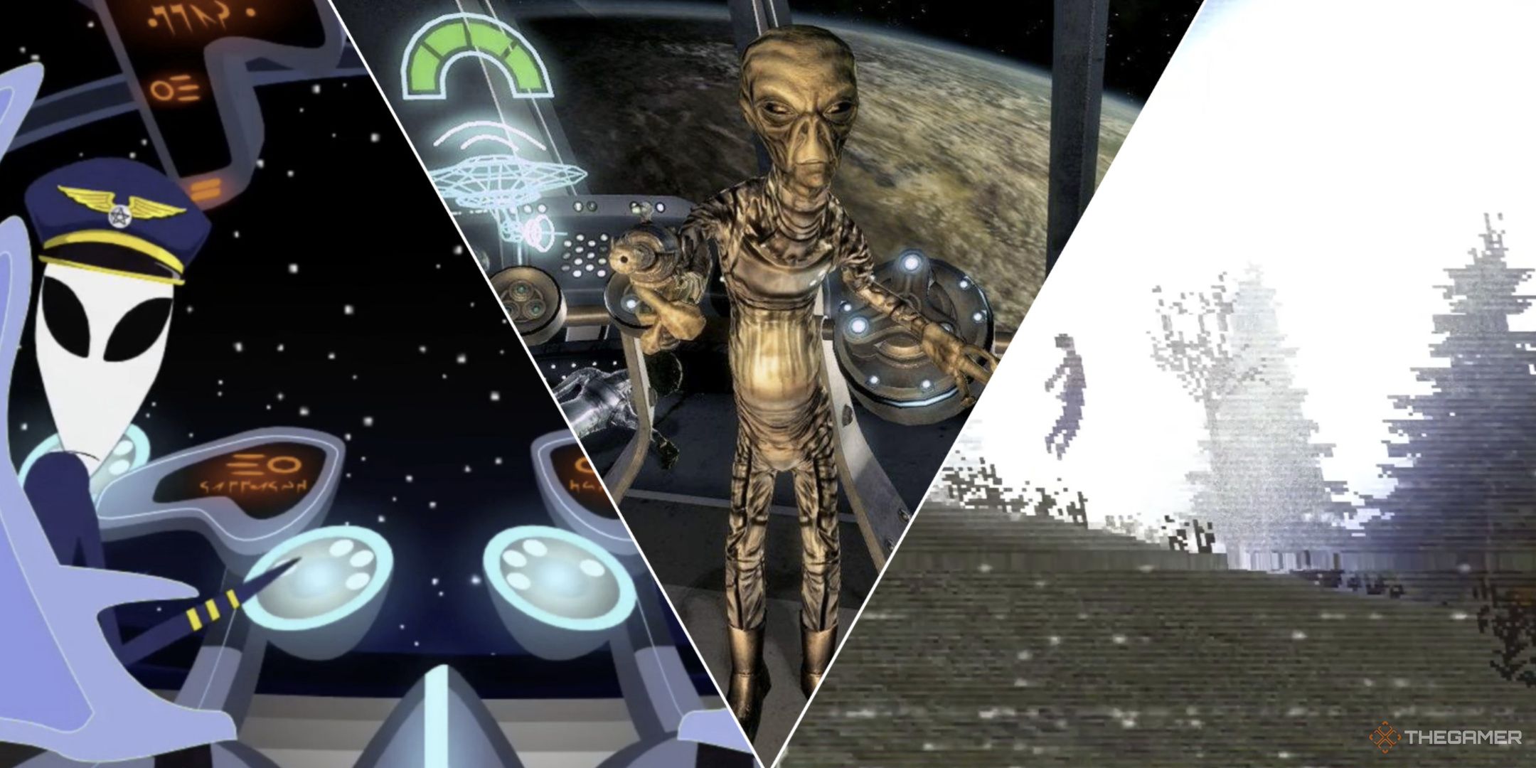 A collage of alien abductions in gaming.