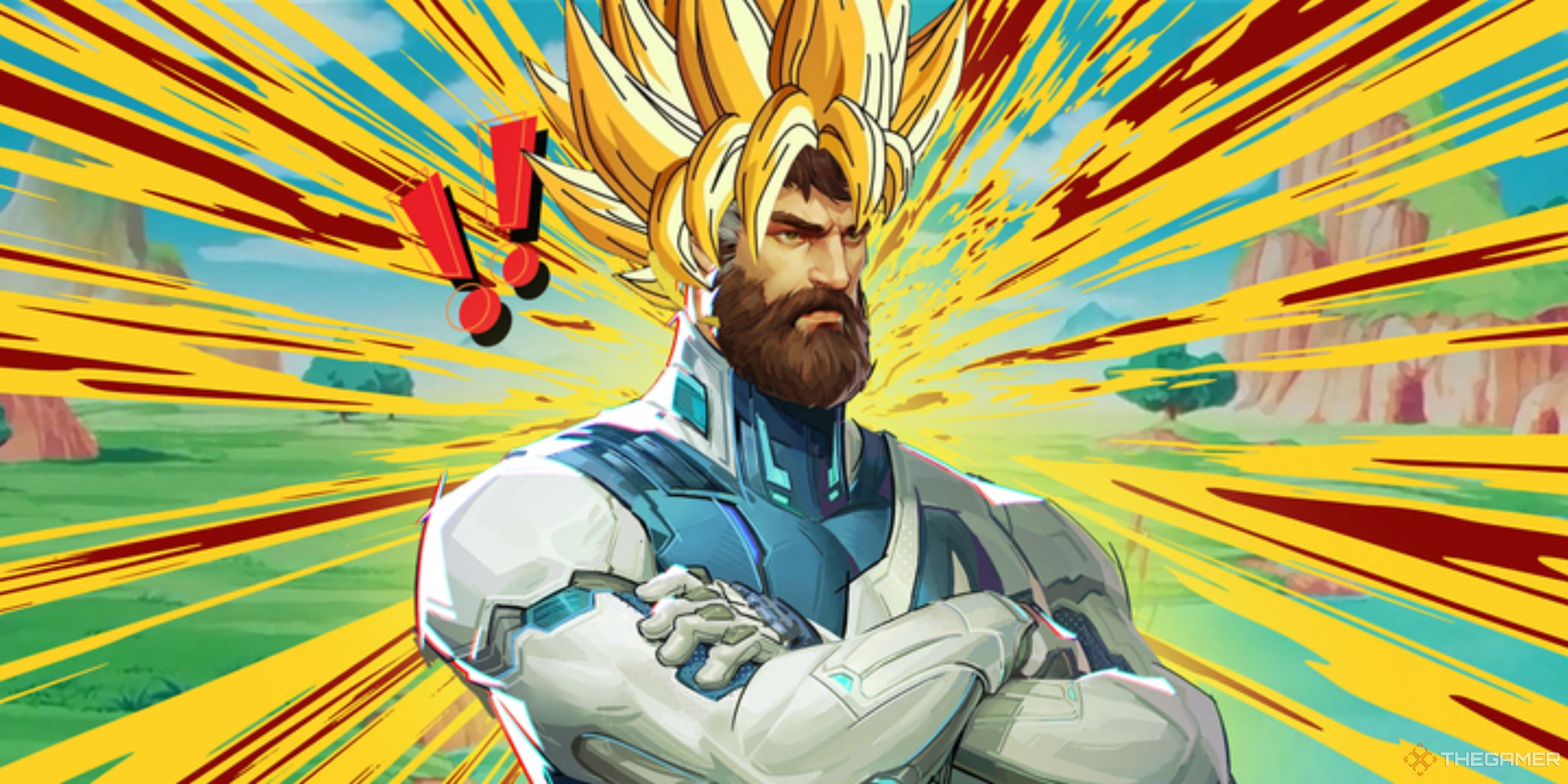 mister fantastic from marvel rivals with blonde goku super saiyan hair.