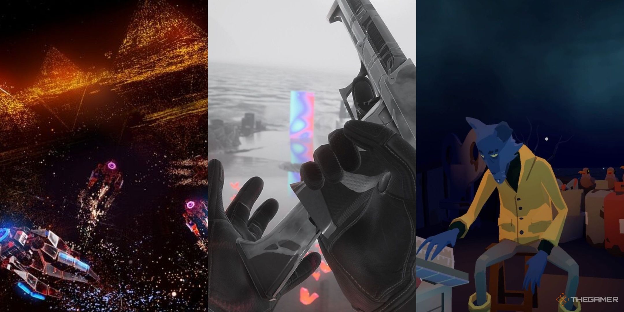 Rez infinite gameplay, reloading a gun in Synapse, and a blue wolf man in a yellow jacket in before your eyes, left to right.