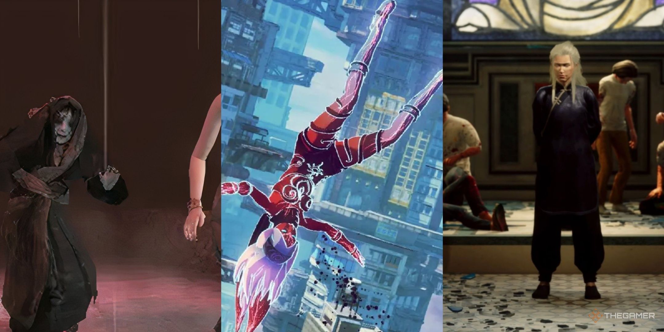 a monster chasing a woman in forbidden siren 2, kat glowing red in gravity rush 2, and yin yue in slitterhead, left to right.