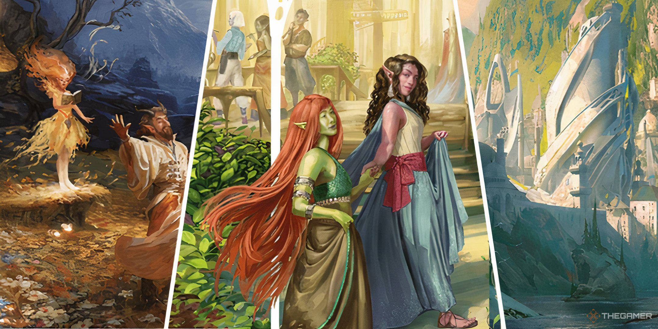 Split collage image of elves and their environments in Dungeons &amp; Dragons.
